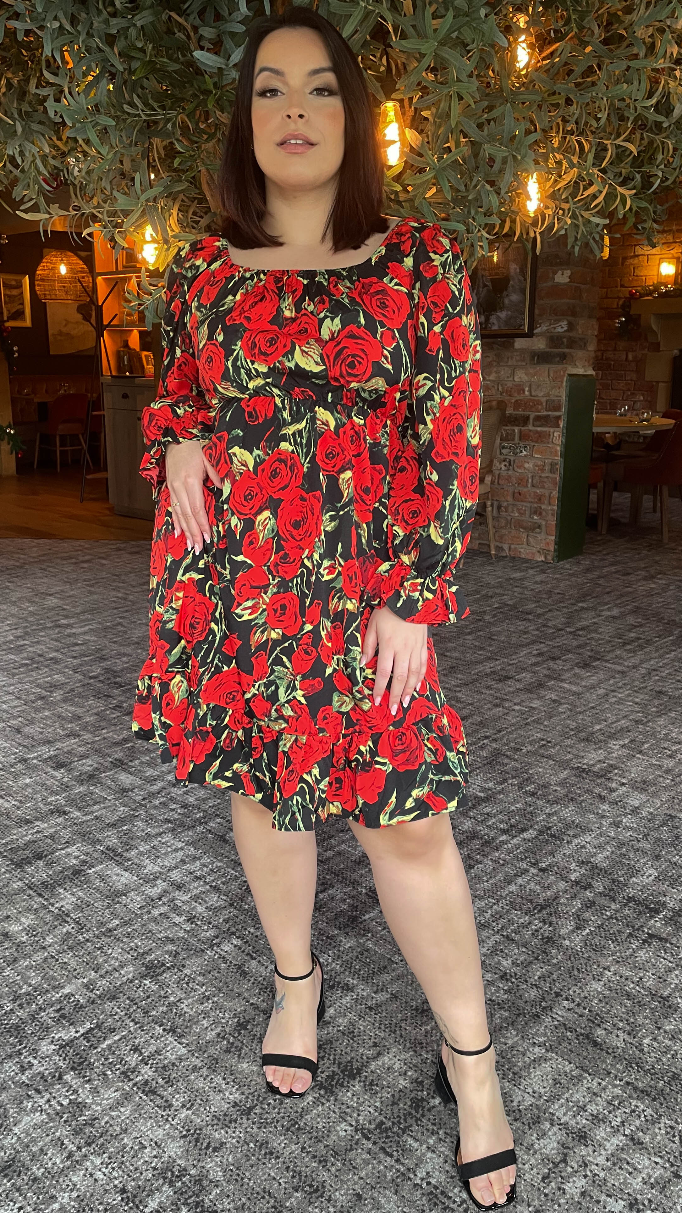 CurveWow Square Neck Dress Rose Floral - Image 5