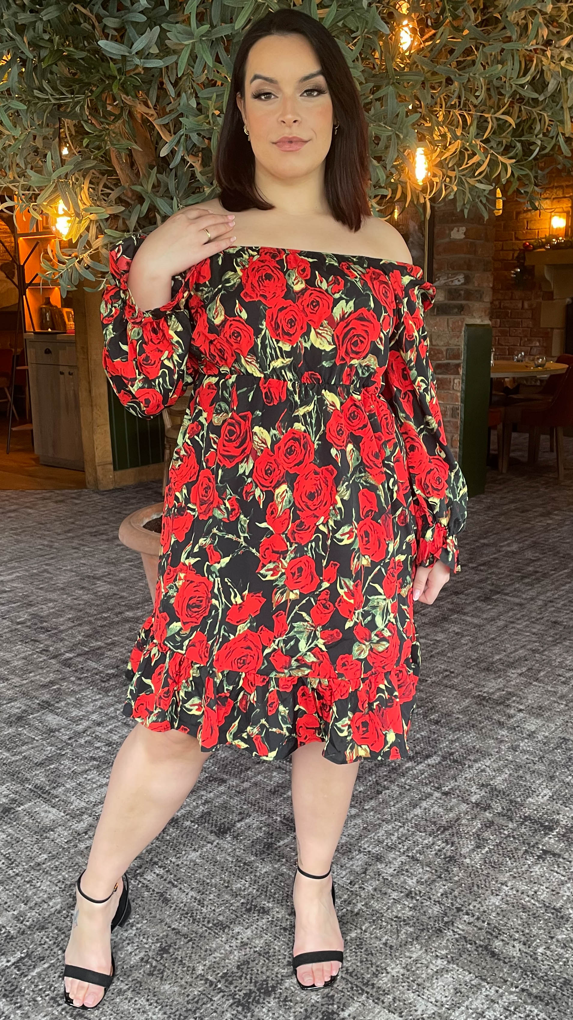 CurveWow Square Neck Dress Rose Floral - Image 8