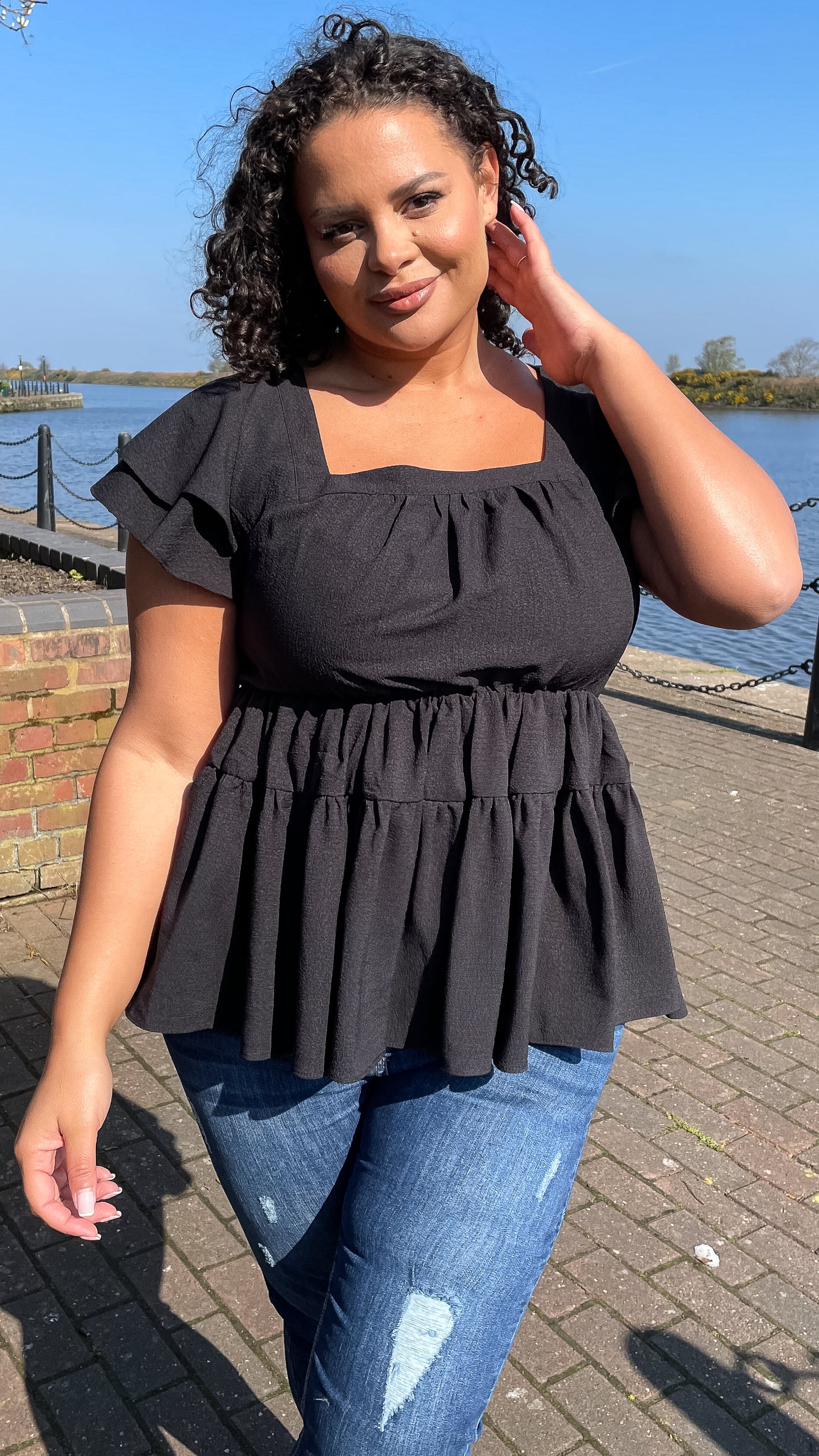 CurveWow Square Neck Frill Sleeve Top Black