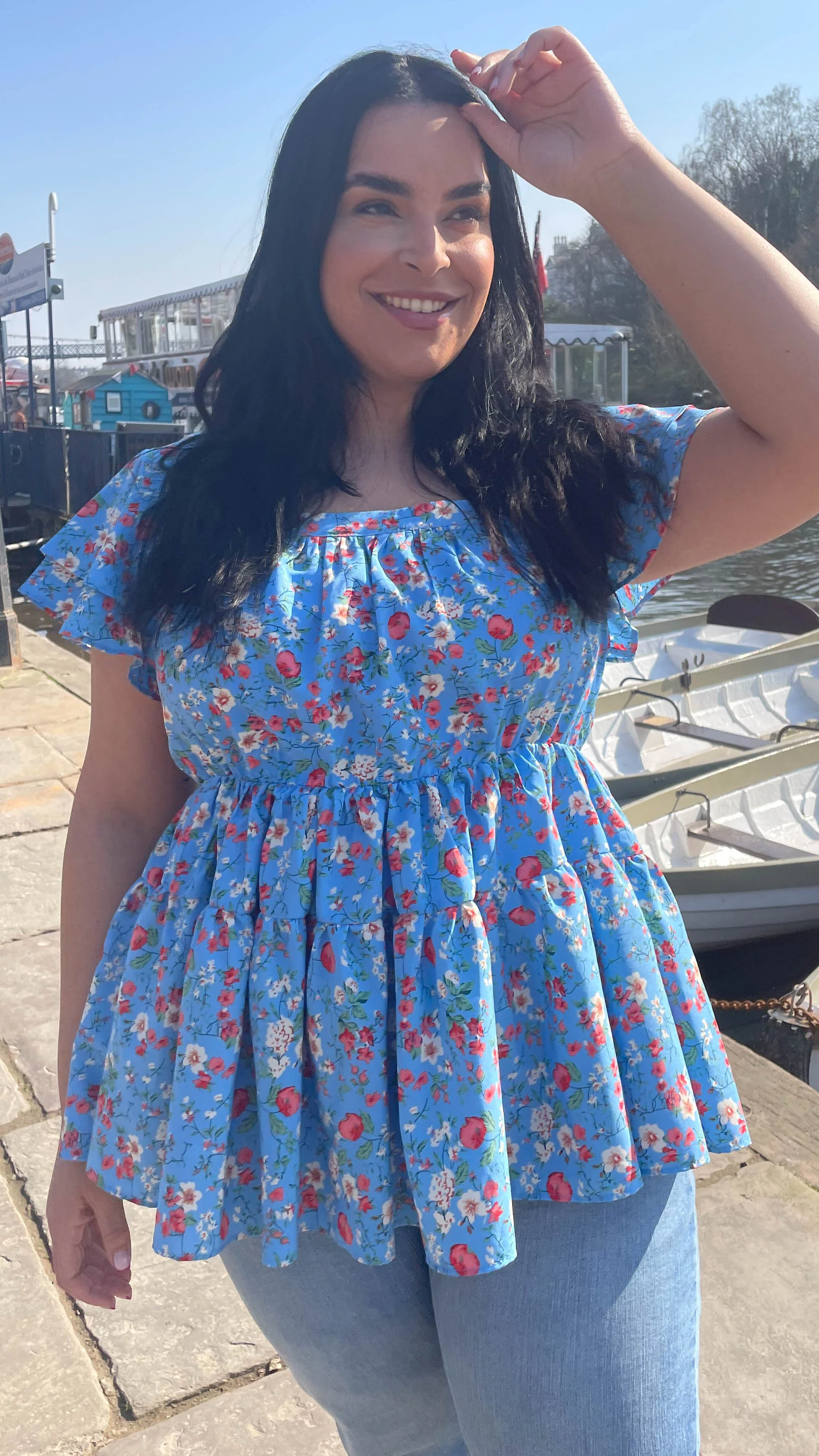 CurveWow Square Neck Frill Sleeve Top Blue Floral - Image 5