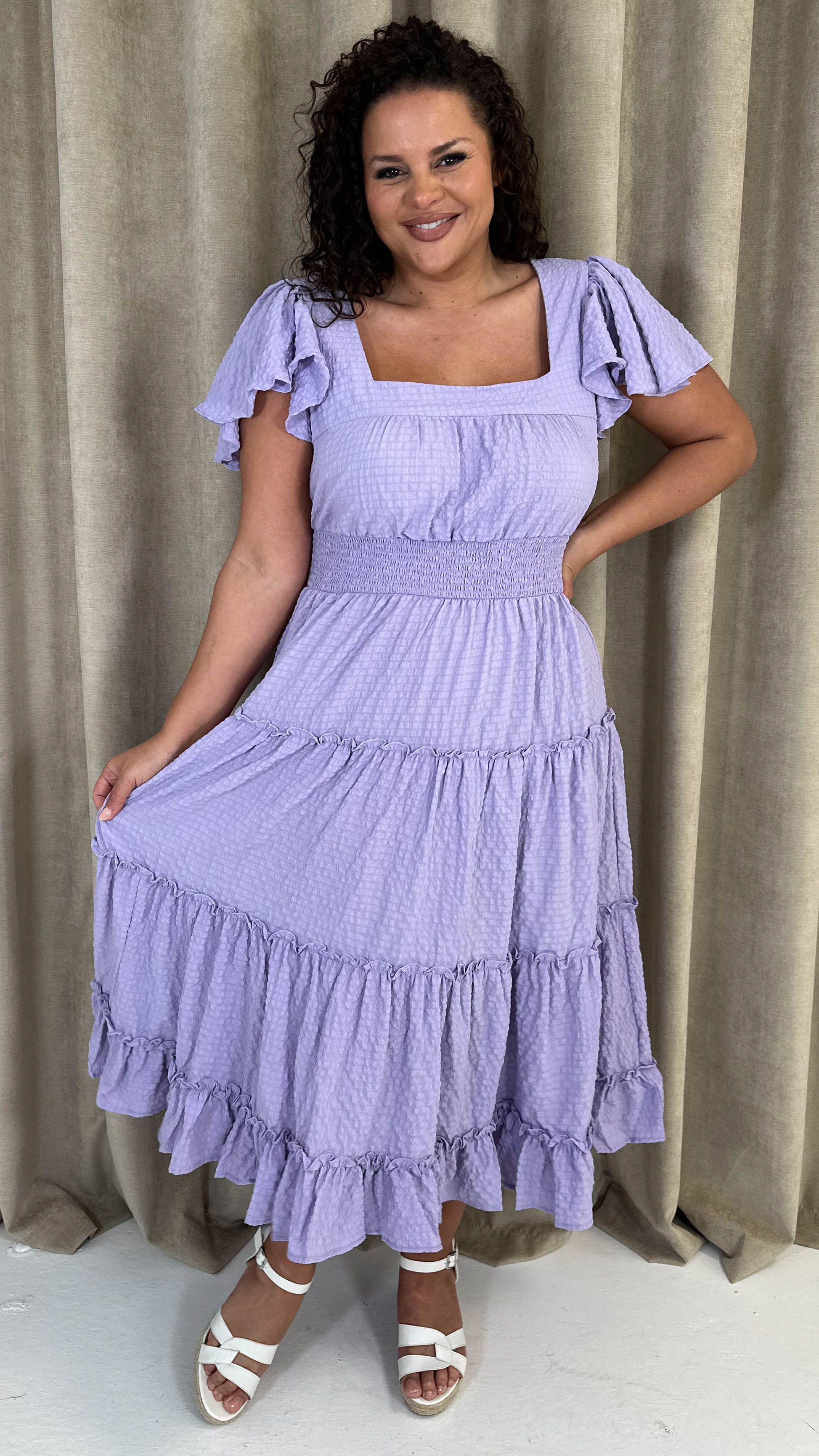 CurveWow Square Neck Seersucker Dress Lilac - Image 10