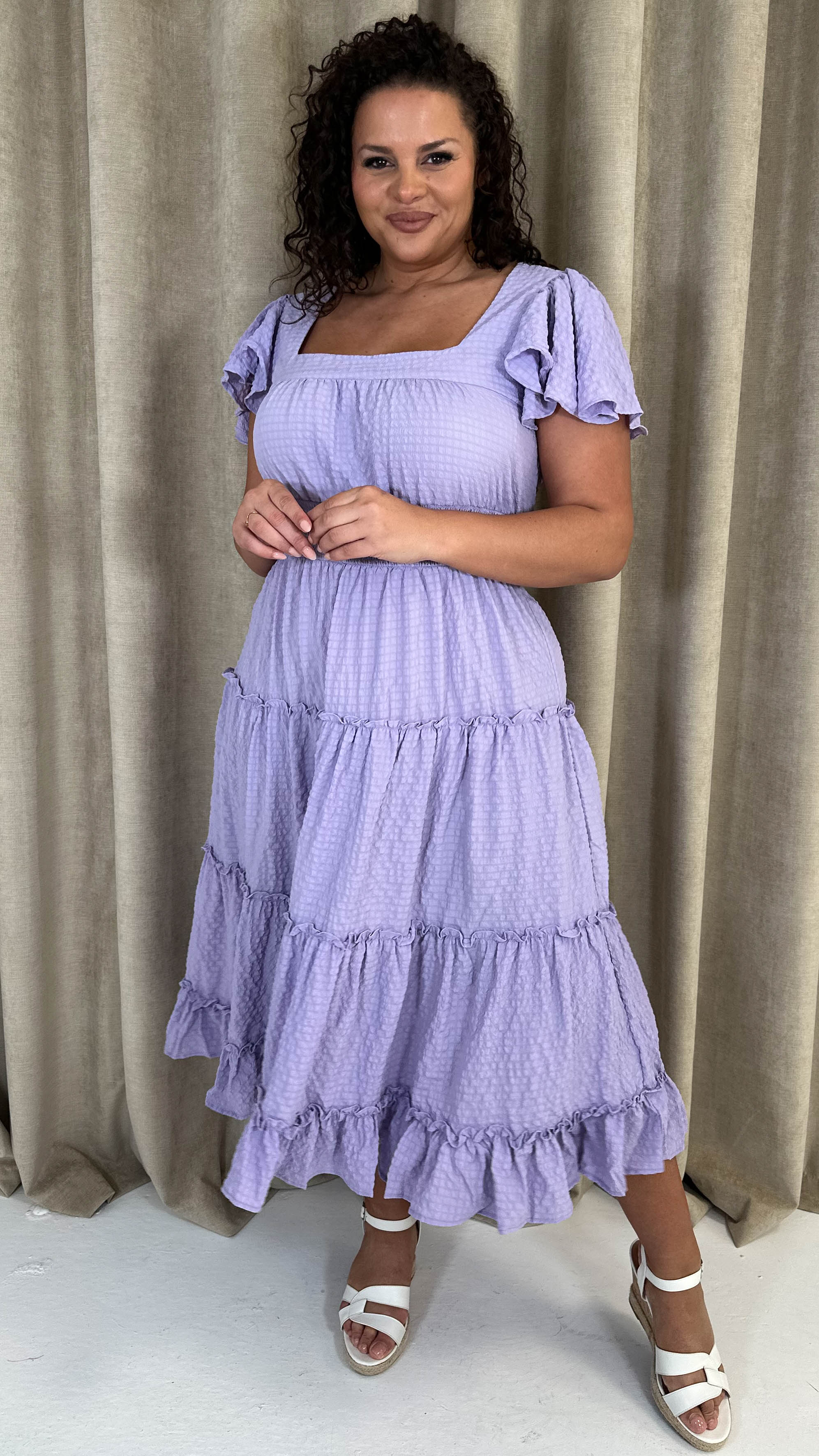 CurveWow Square Neck Seersucker Dress Lilac - Image 3