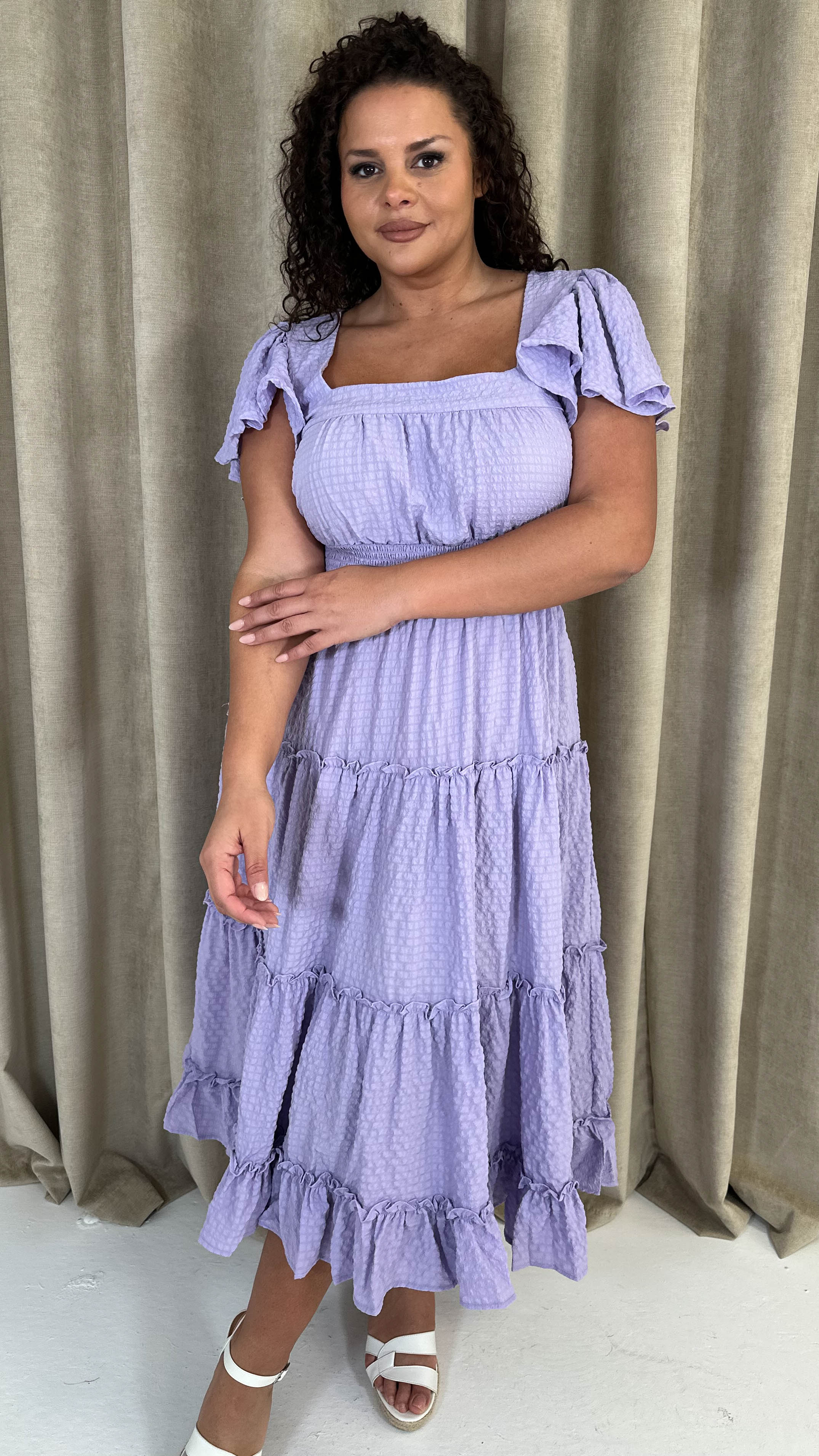CurveWow Square Neck Seersucker Dress Lilac - Image 4