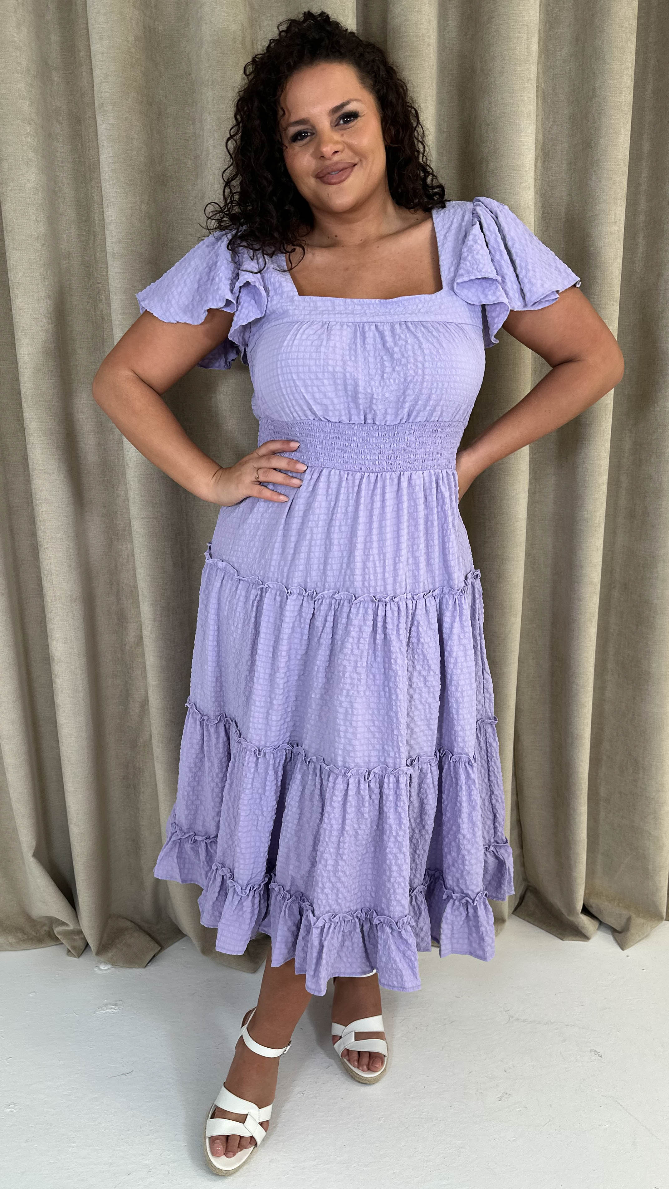 CurveWow Square Neck Seersucker Dress Lilac - Image 5