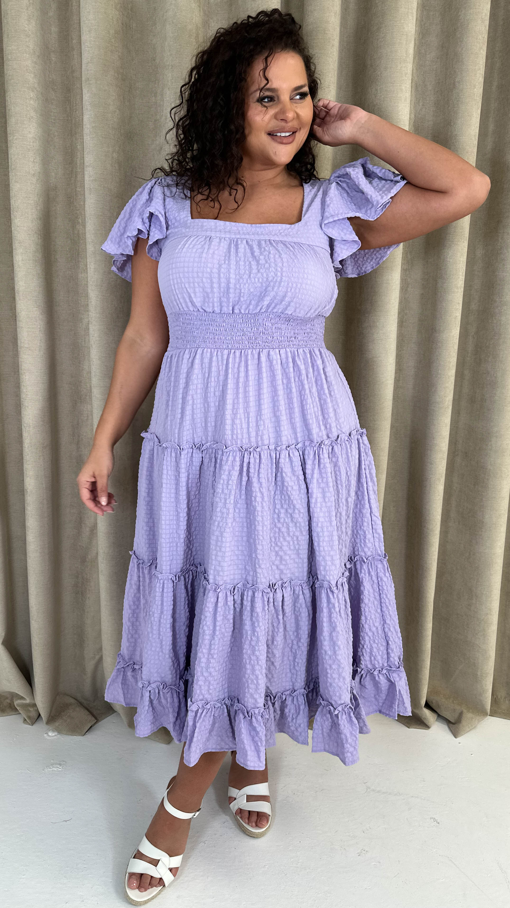 CurveWow Square Neck Seersucker Dress Lilac - Image 7
