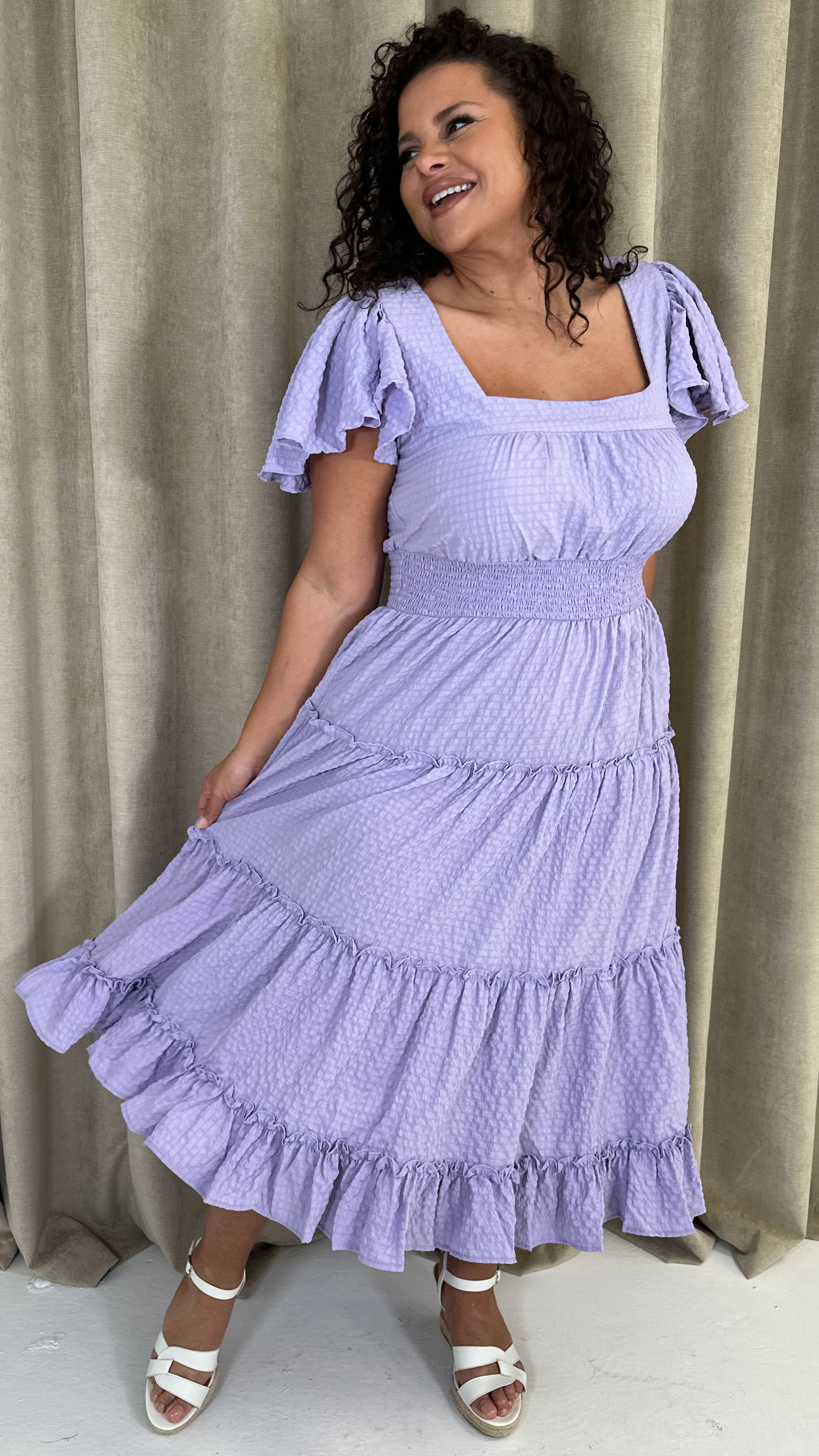 CurveWow Square Neck Seersucker Dress Lilac - Image 8