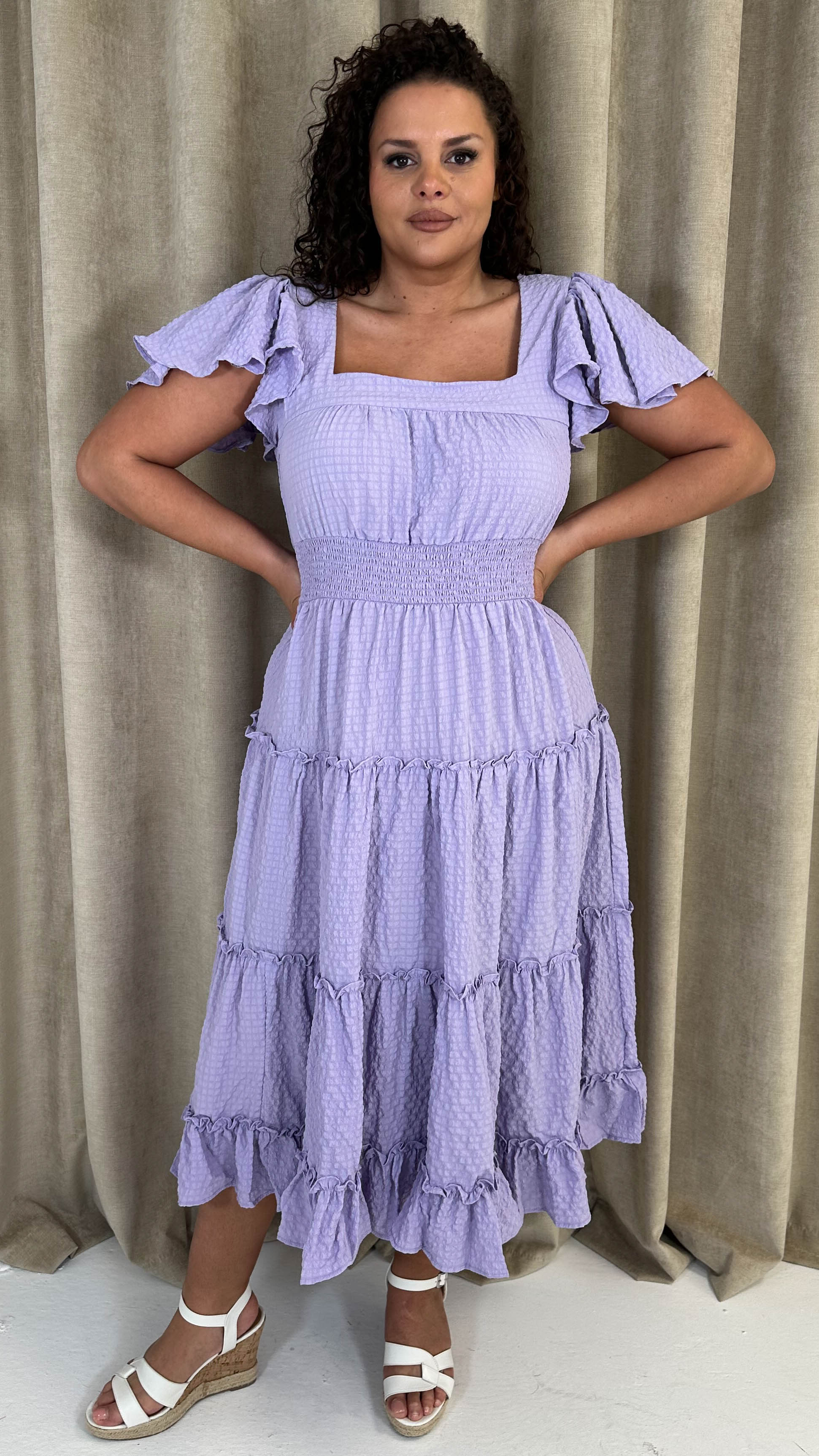 CurveWow Square Neck Seersucker Dress Lilac - Image 9
