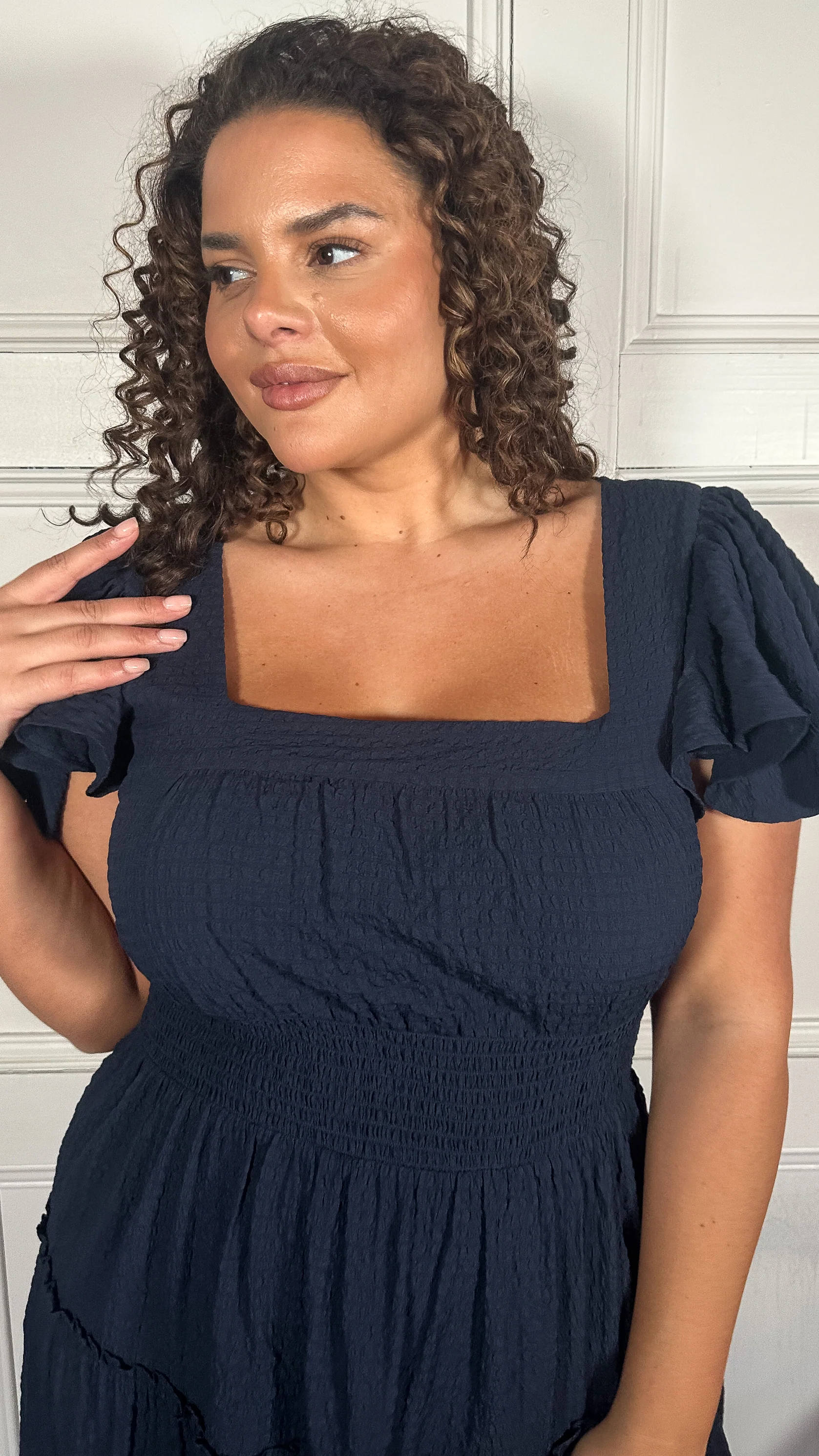 CurveWow Square Neck Seersucker Dress Navy - Image 2