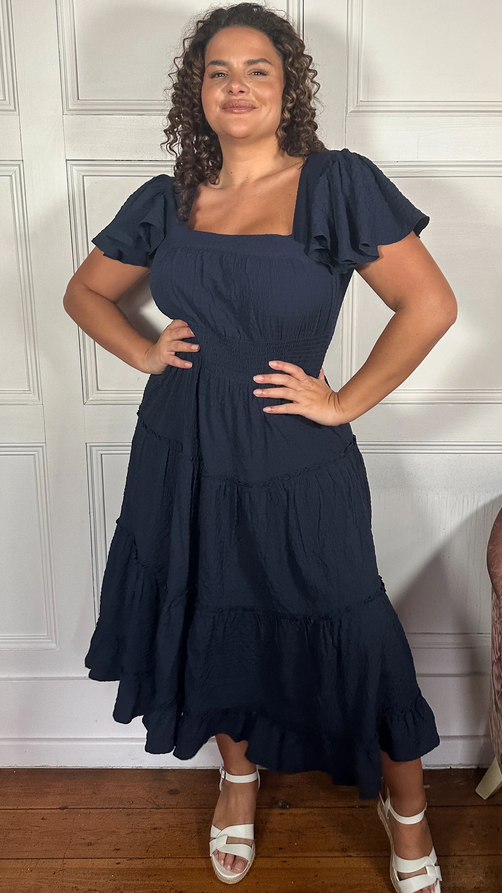 CurveWow Square Neck Seersucker Dress Navy - Image 5