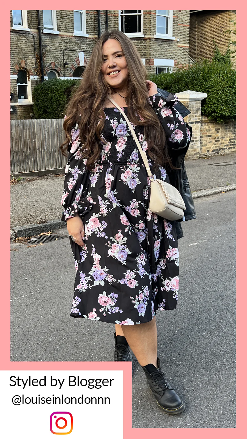 CurveWow Square Neck Shirred Midi Dress Black Floral