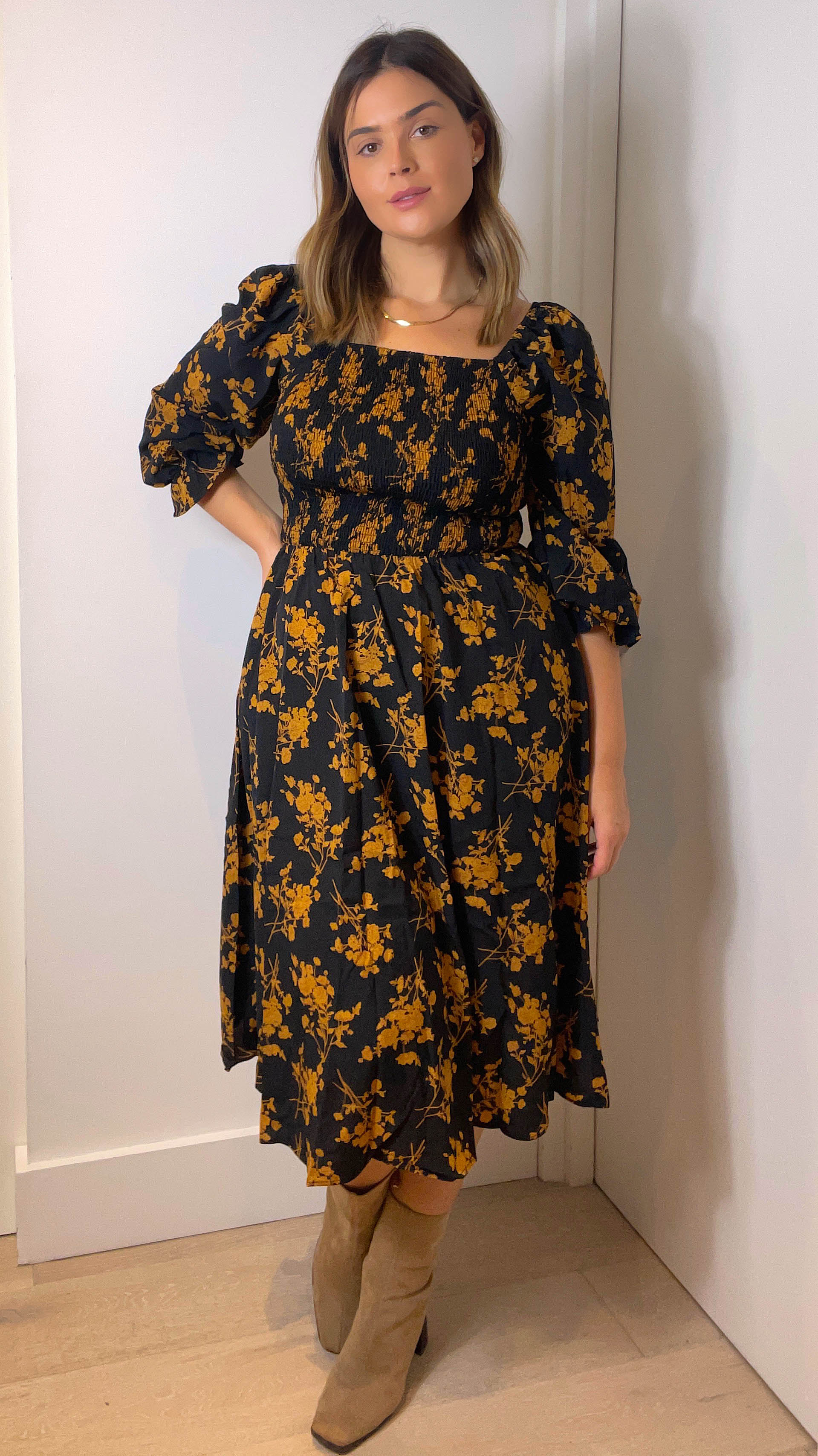 CurveWow Square Neck Shirred Midi Dress Gold - Image 2