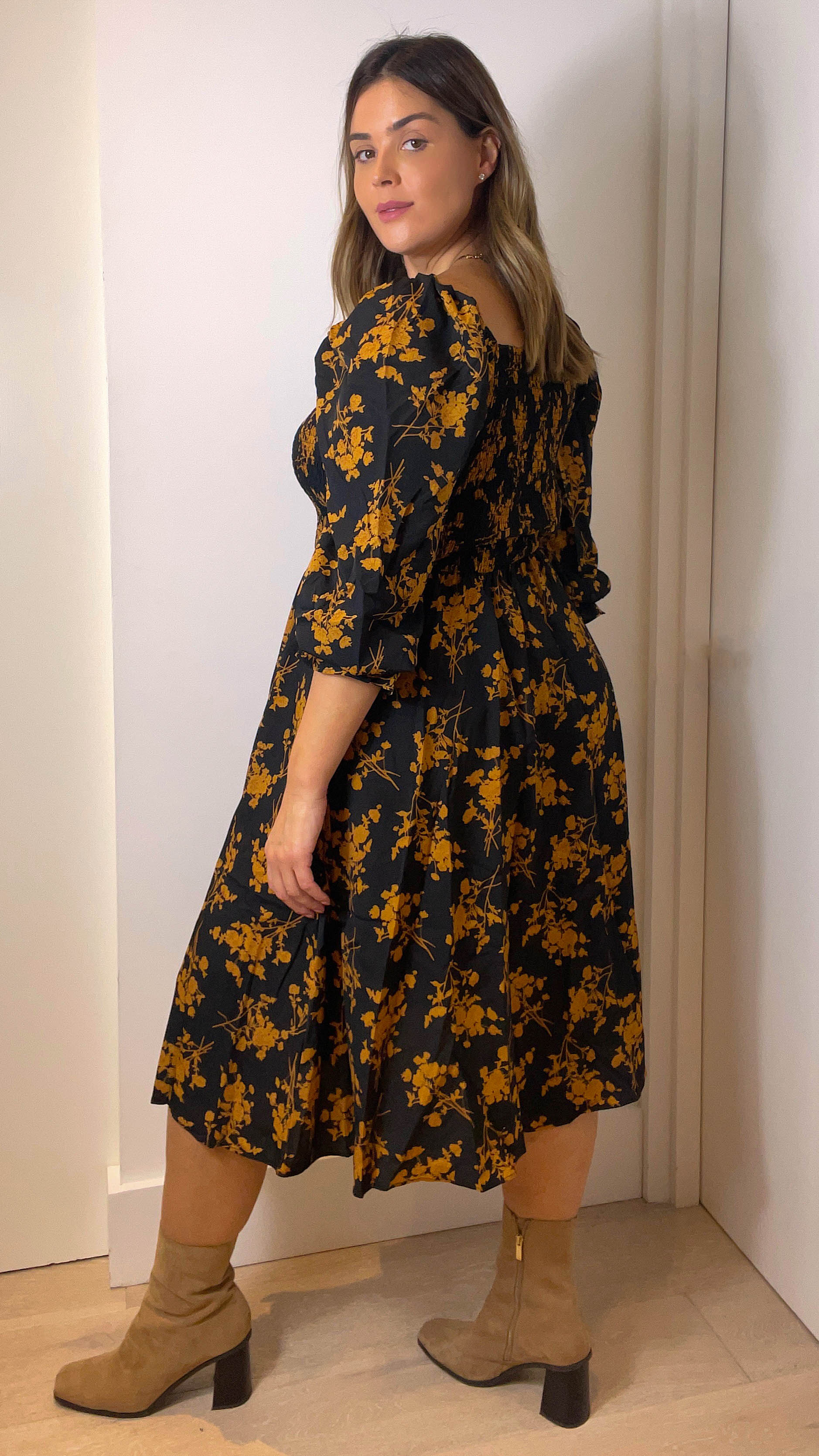 CurveWow Square Neck Shirred Midi Dress Gold - Image 3