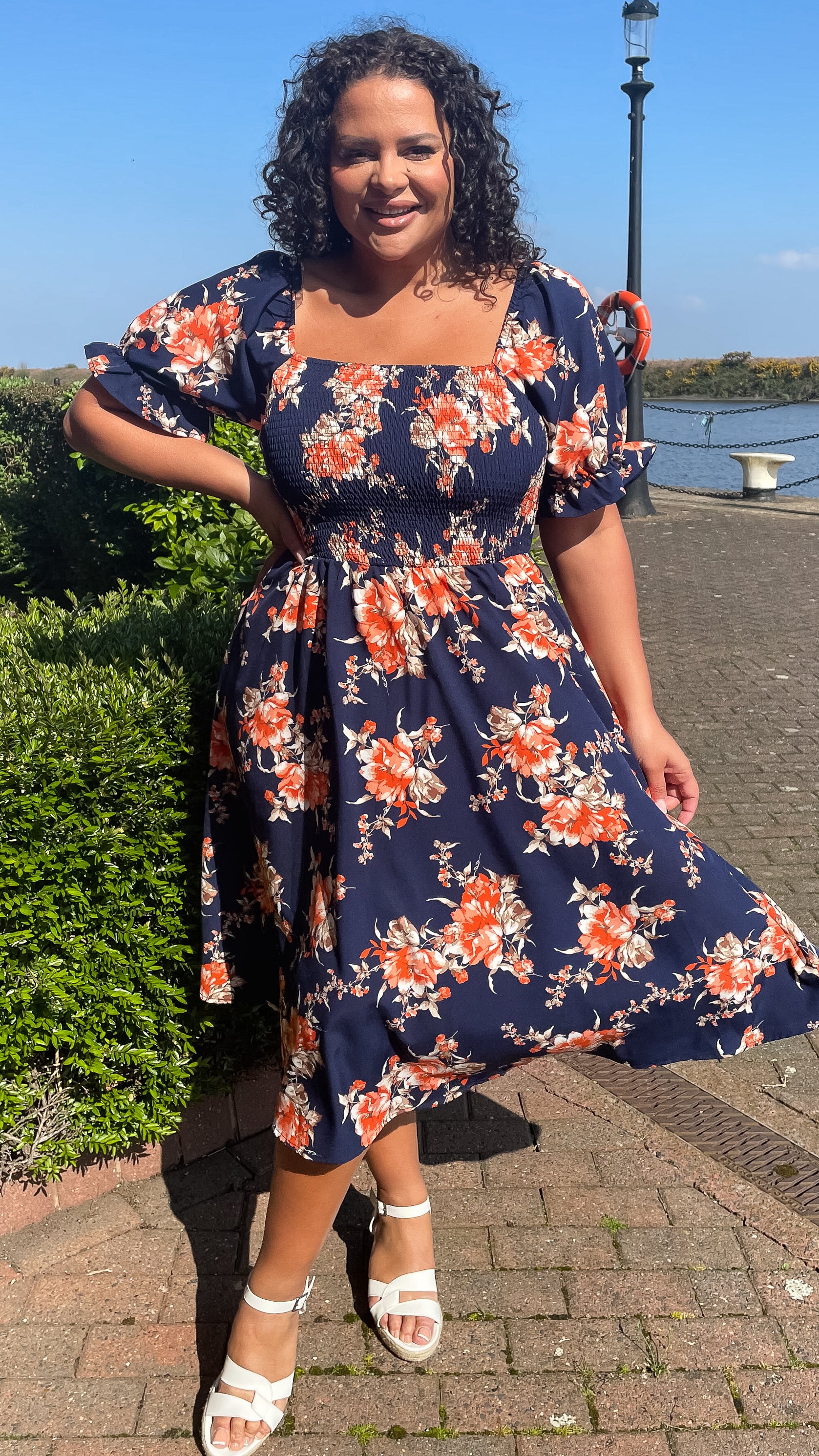 CurveWow Square Neck Shirred Midi Dress Navy Orange Floral