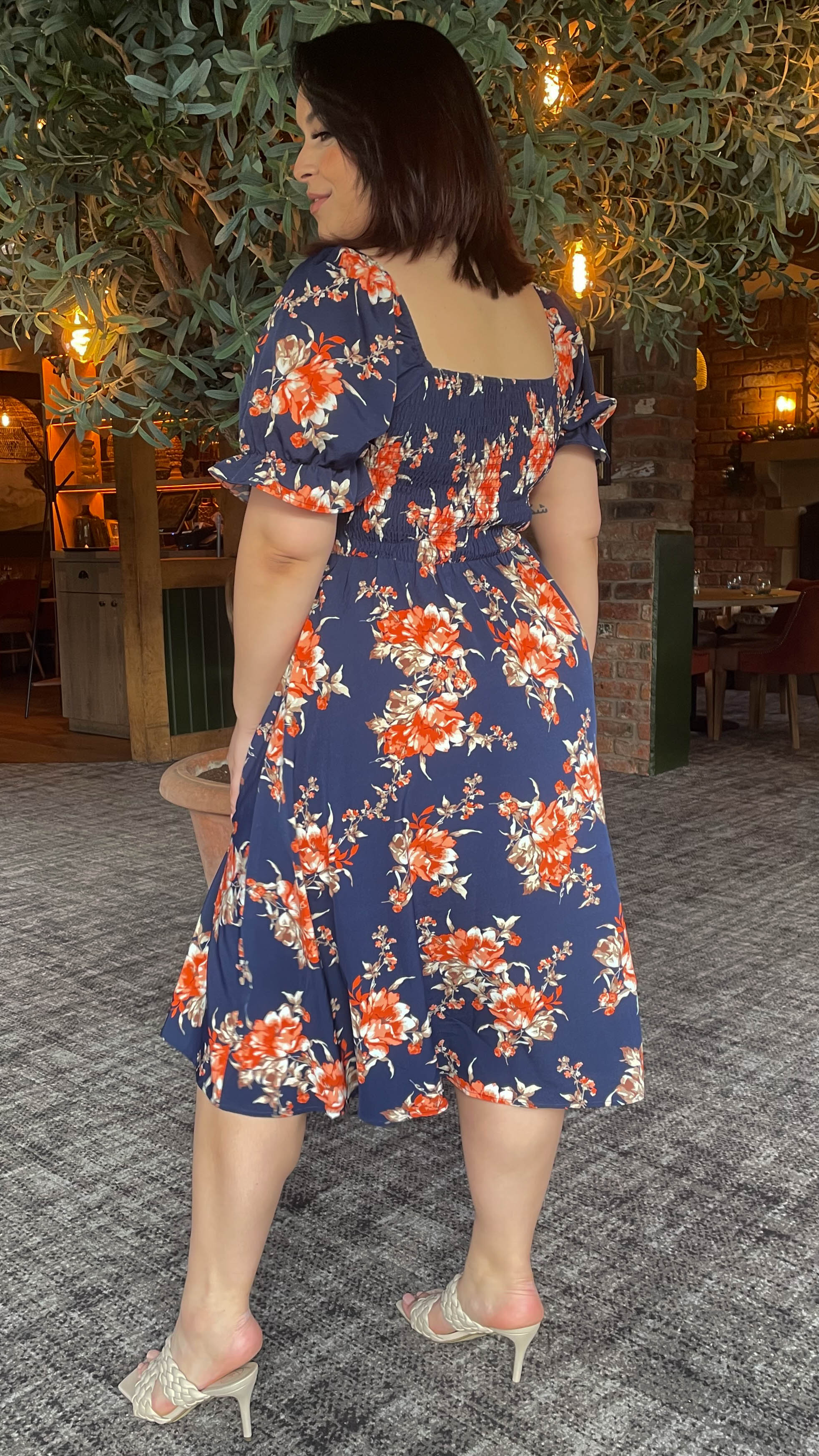 CurveWow Square Neck Shirred Midi Dress Navy Orange Floral - Image 10