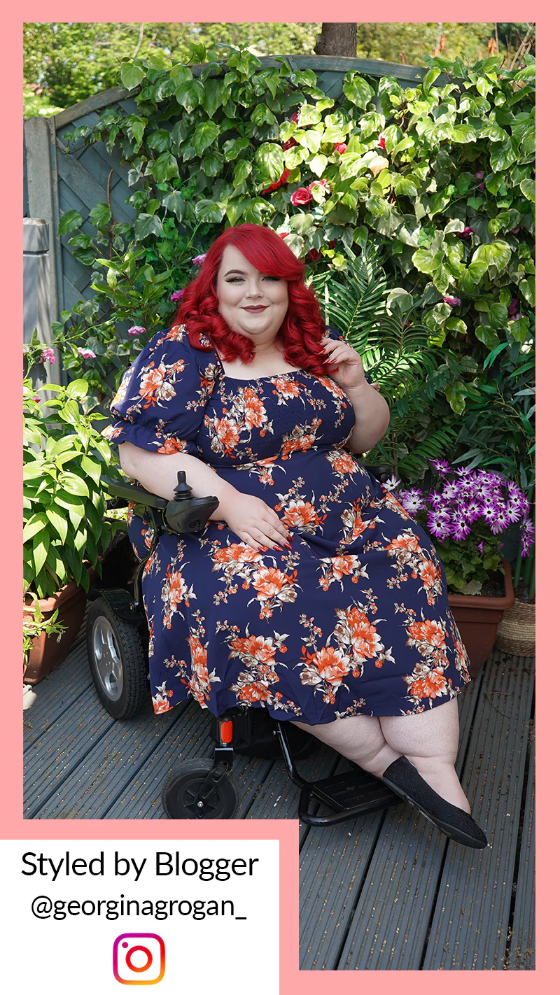 CurveWow Square Neck Shirred Midi Dress Navy Orange Floral - Image 2