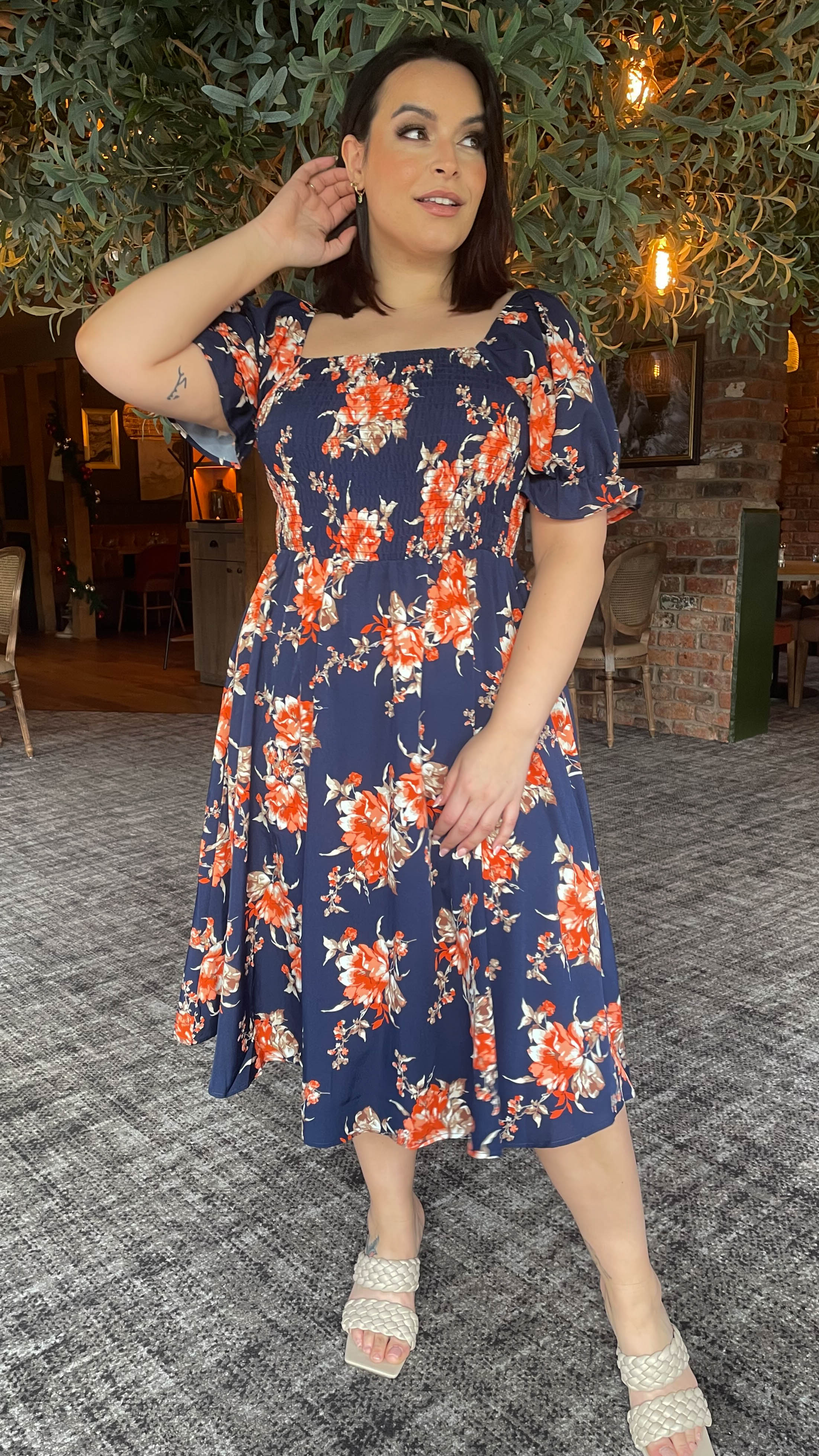 CurveWow Square Neck Shirred Midi Dress Navy Orange Floral - Image 6