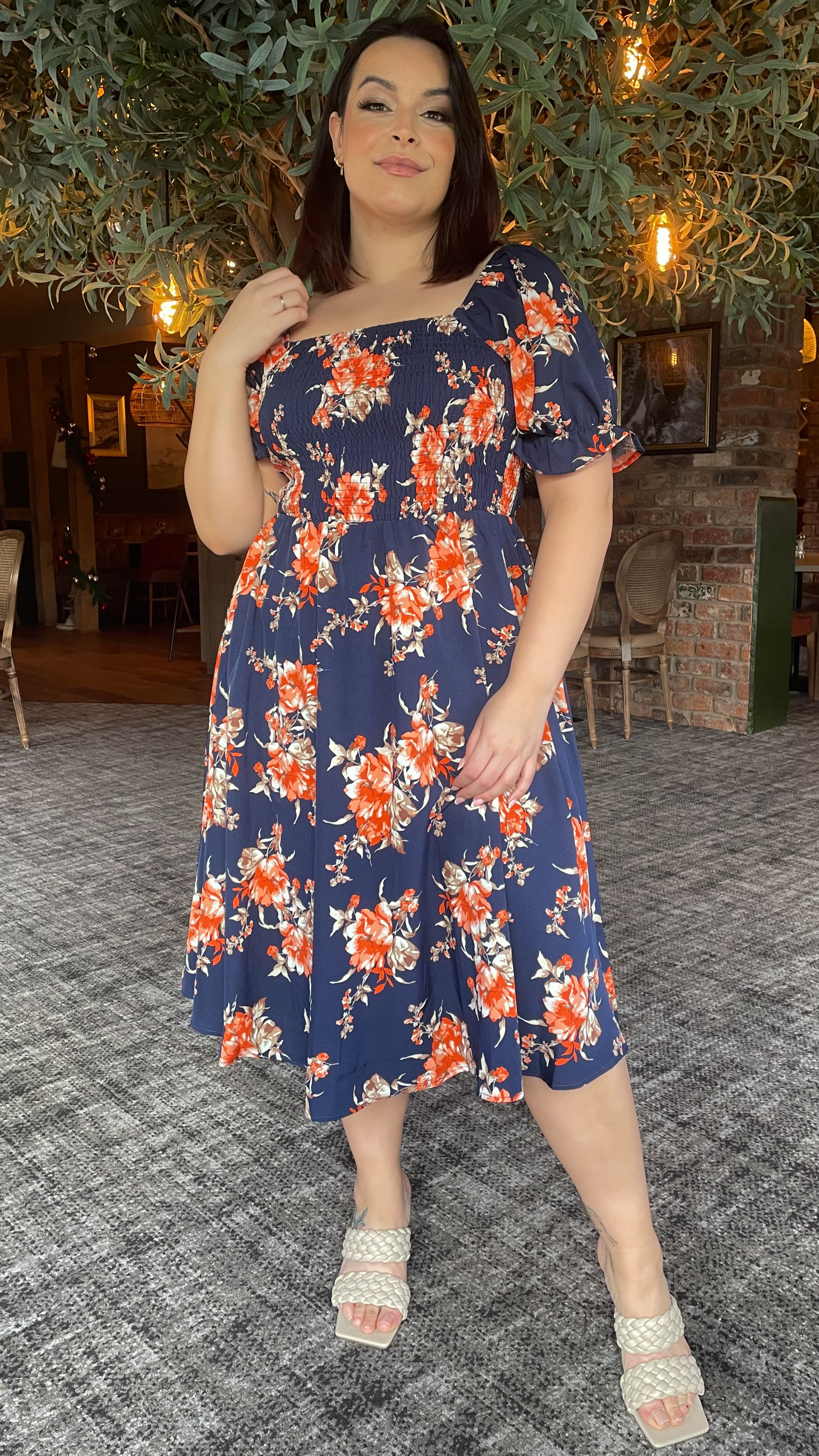 CurveWow Square Neck Shirred Midi Dress Navy Orange Floral - Image 7