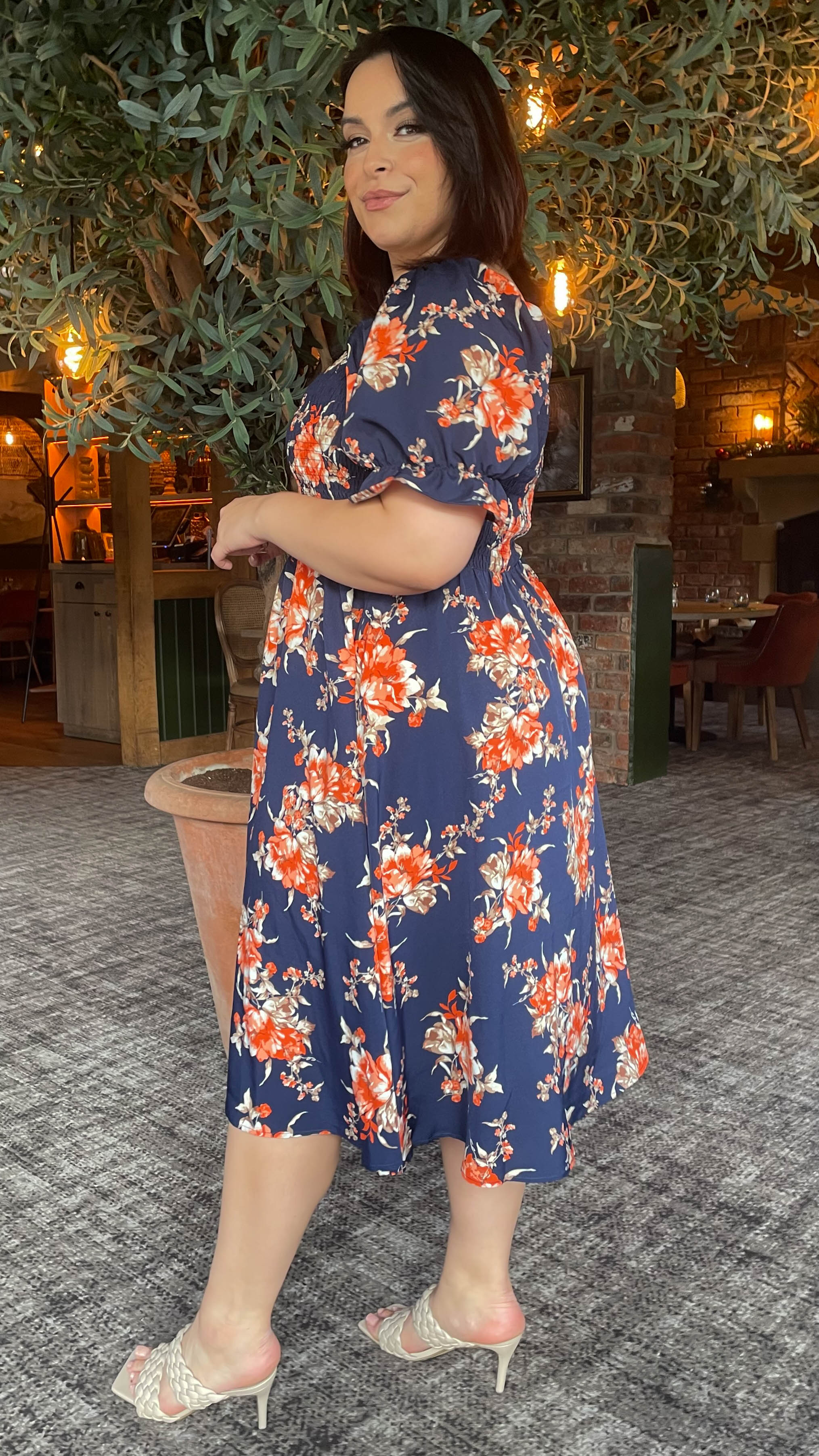 CurveWow Square Neck Shirred Midi Dress Navy Orange Floral - Image 9