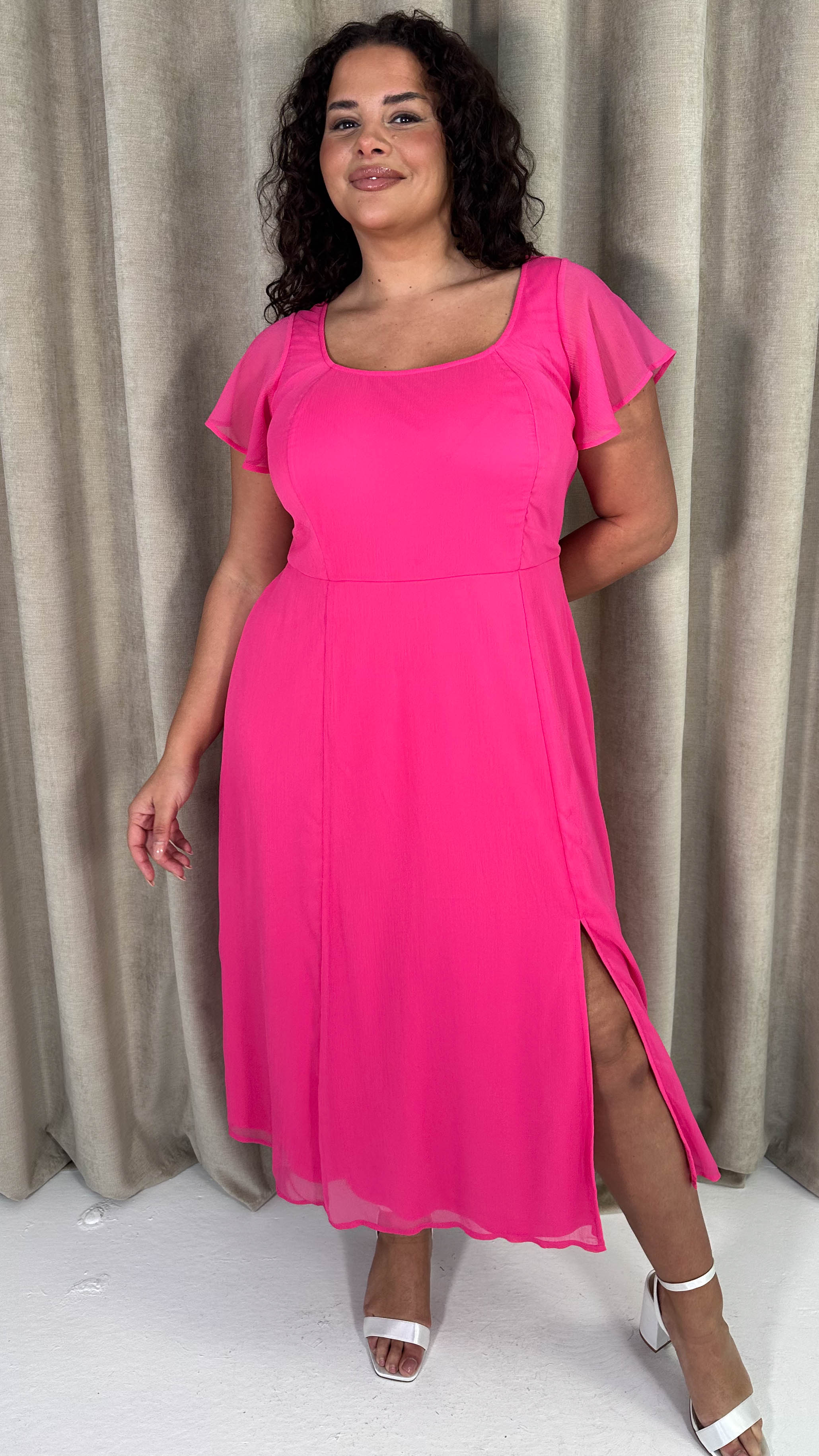 CurveWow Square Neck Tie Back Midi Dress Pink - Image 3