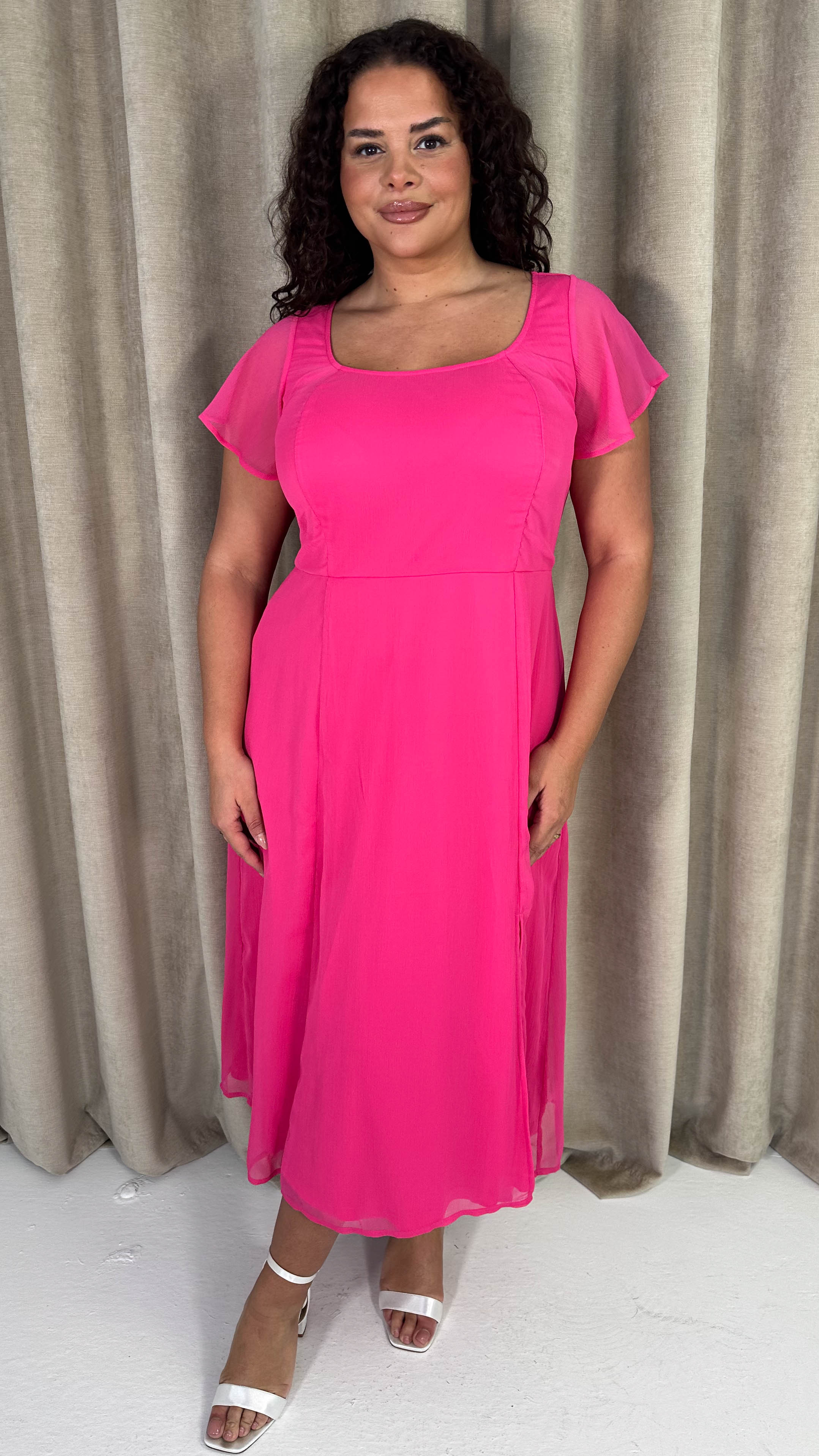 CurveWow Square Neck Tie Back Midi Dress Pink - Image 4