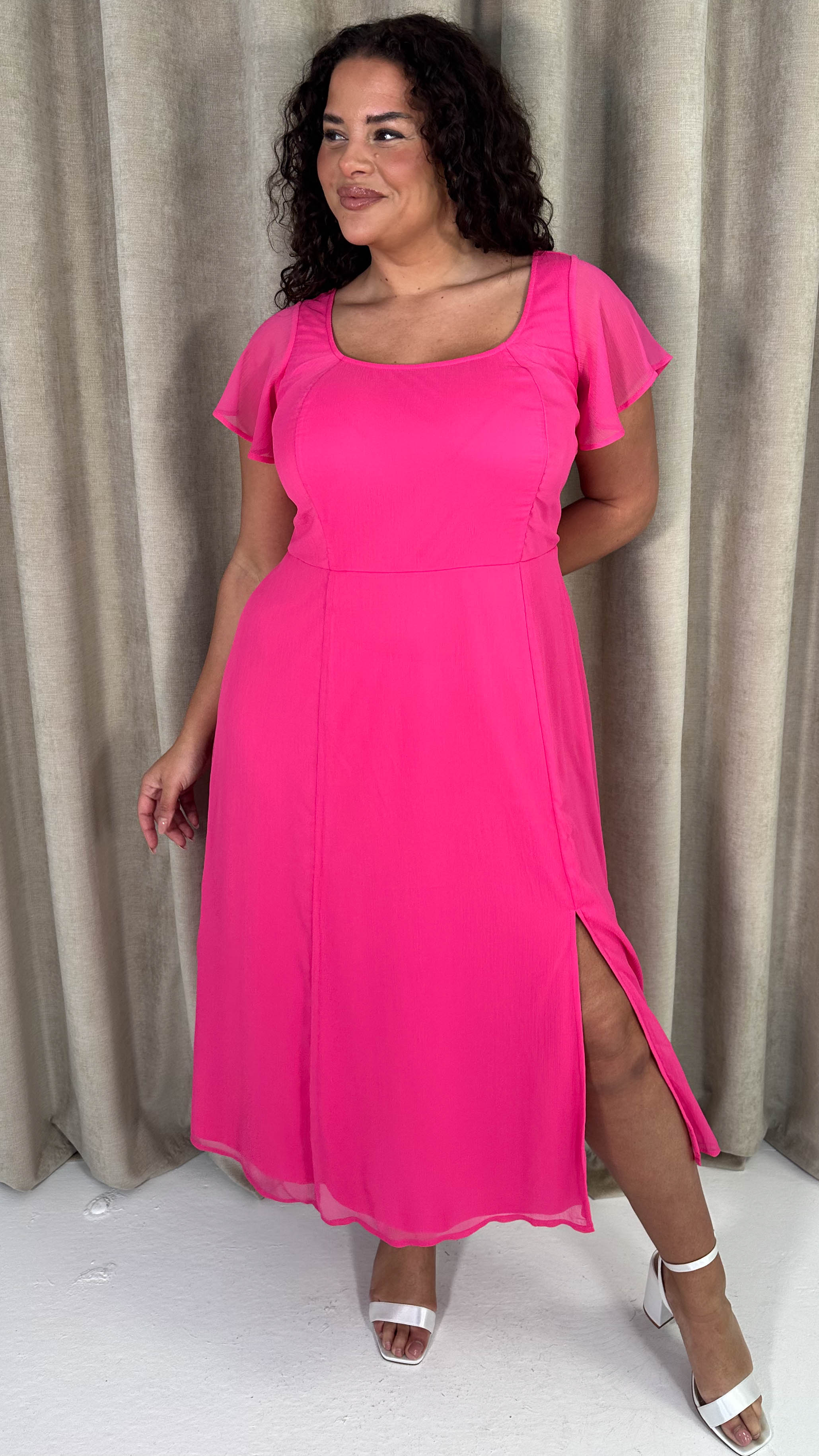 CurveWow Square Neck Tie Back Midi Dress Pink - Image 6
