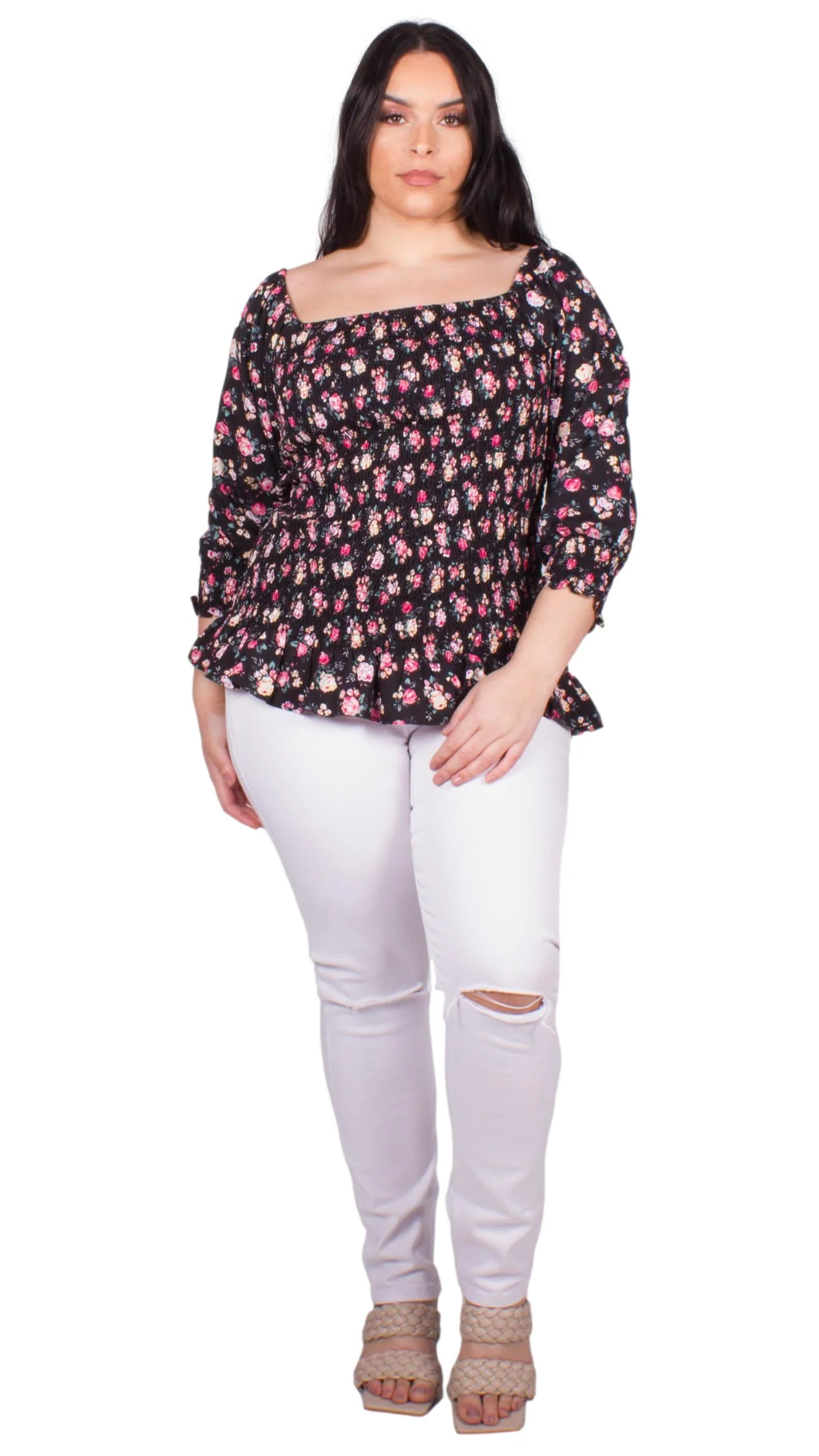 CurveWow Square Neck Blouse Black Ditsy - Image 5