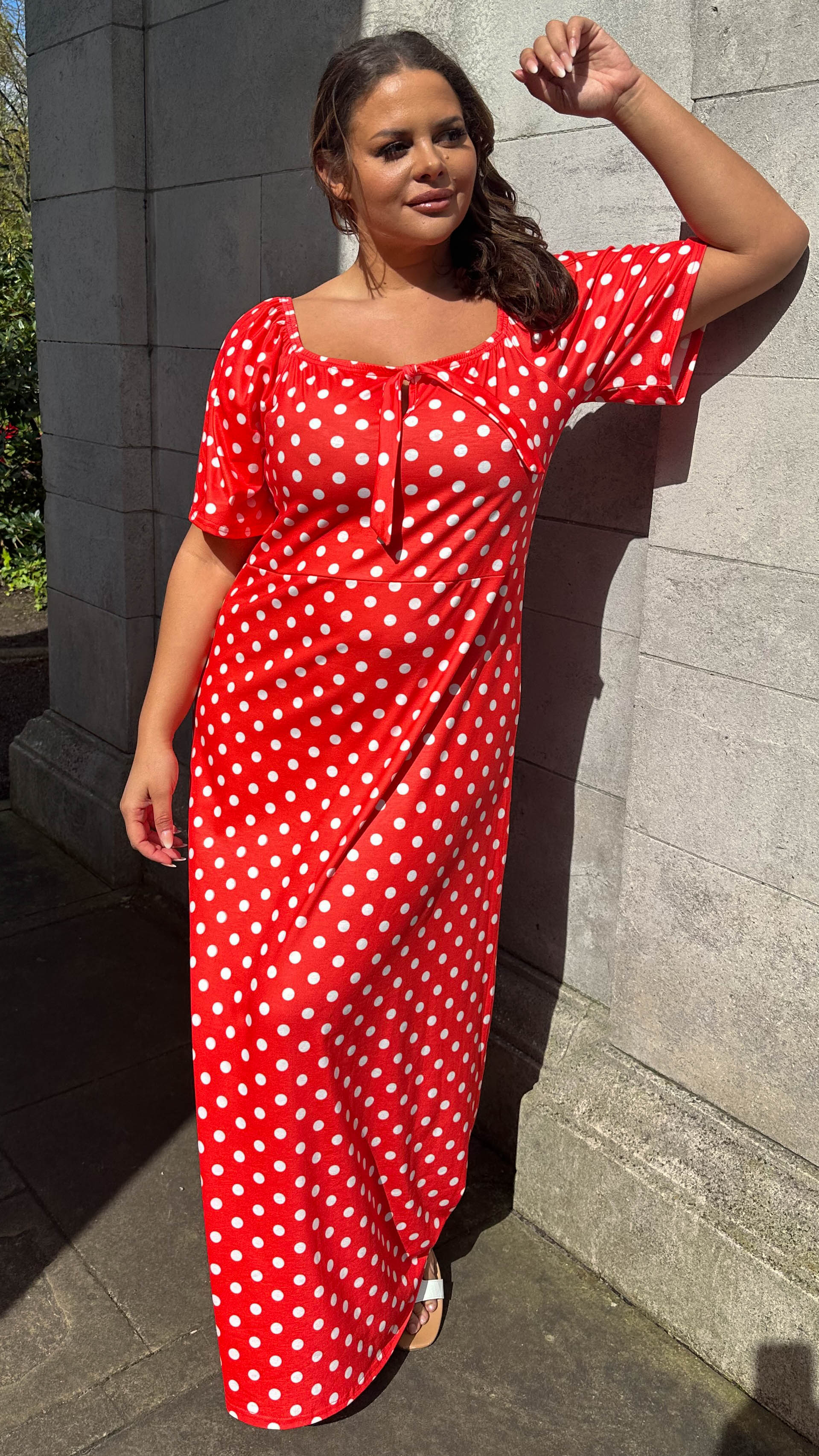 CurveWow Tie Neck Maxi Dress Red Polka Dot