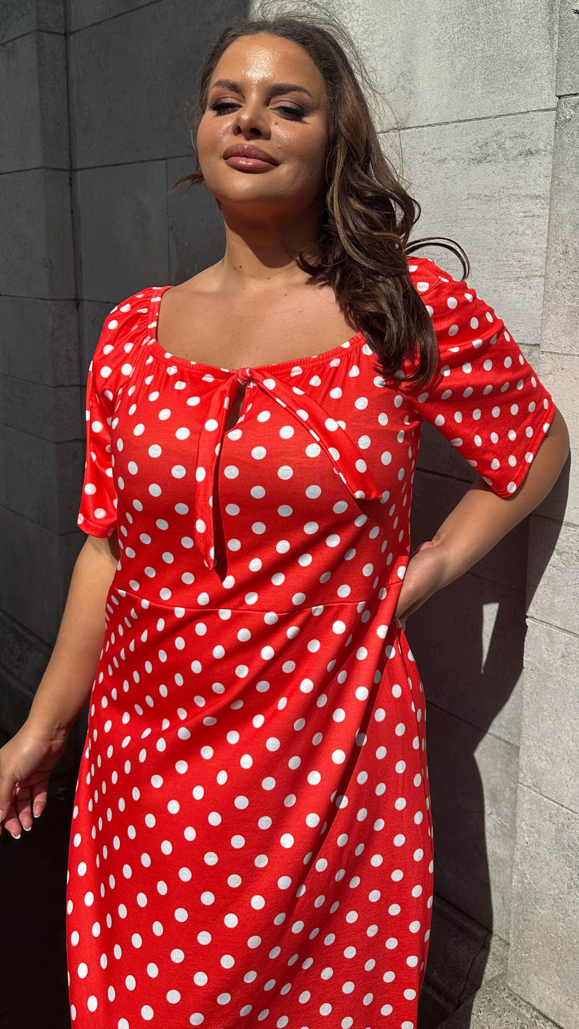 CurveWow Tie Neck Maxi Dress Red Polka Dot - Image 2