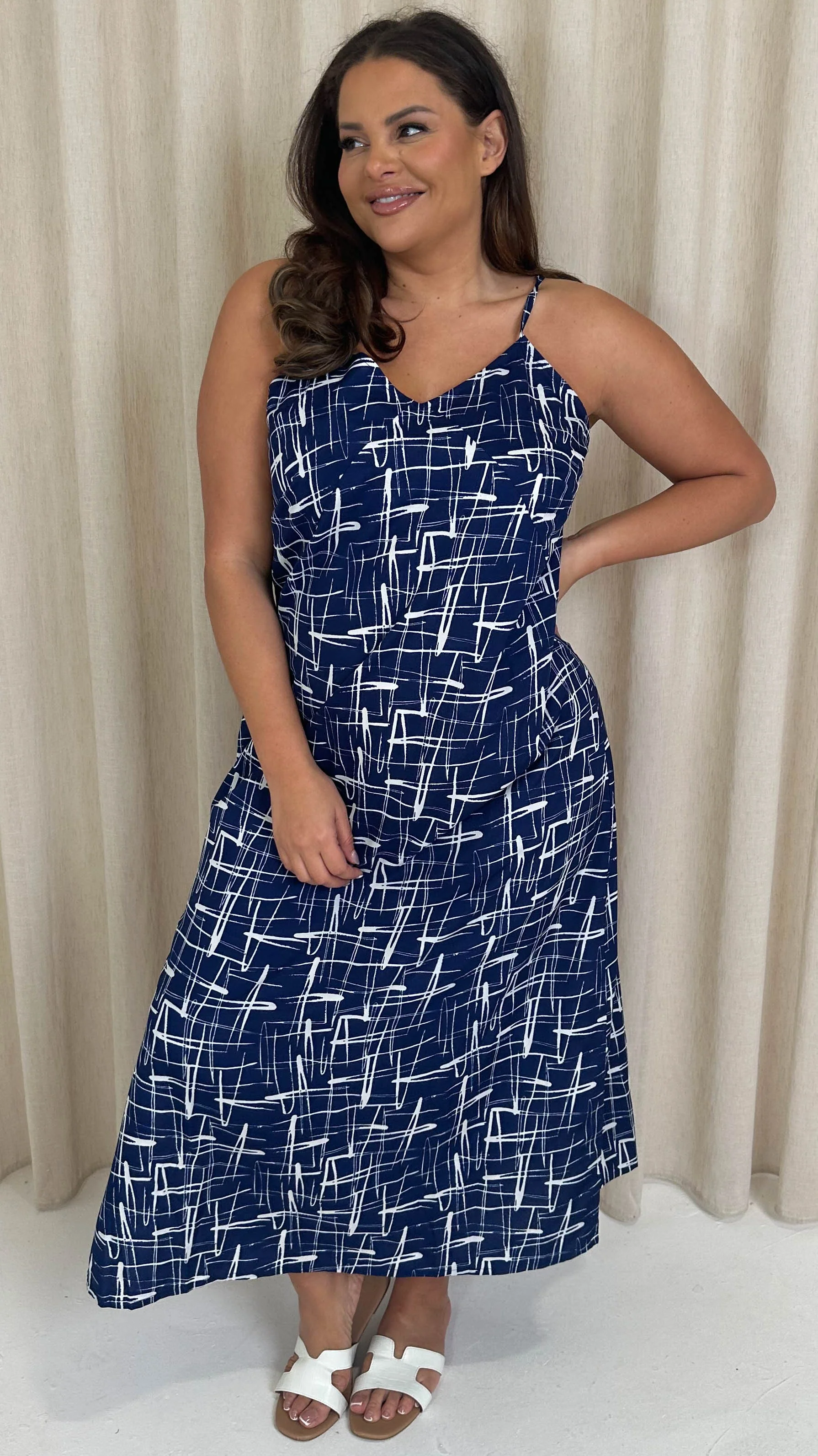 CurveWow Strappy Summer Tea Dress Blue/White Abstract - Image 3