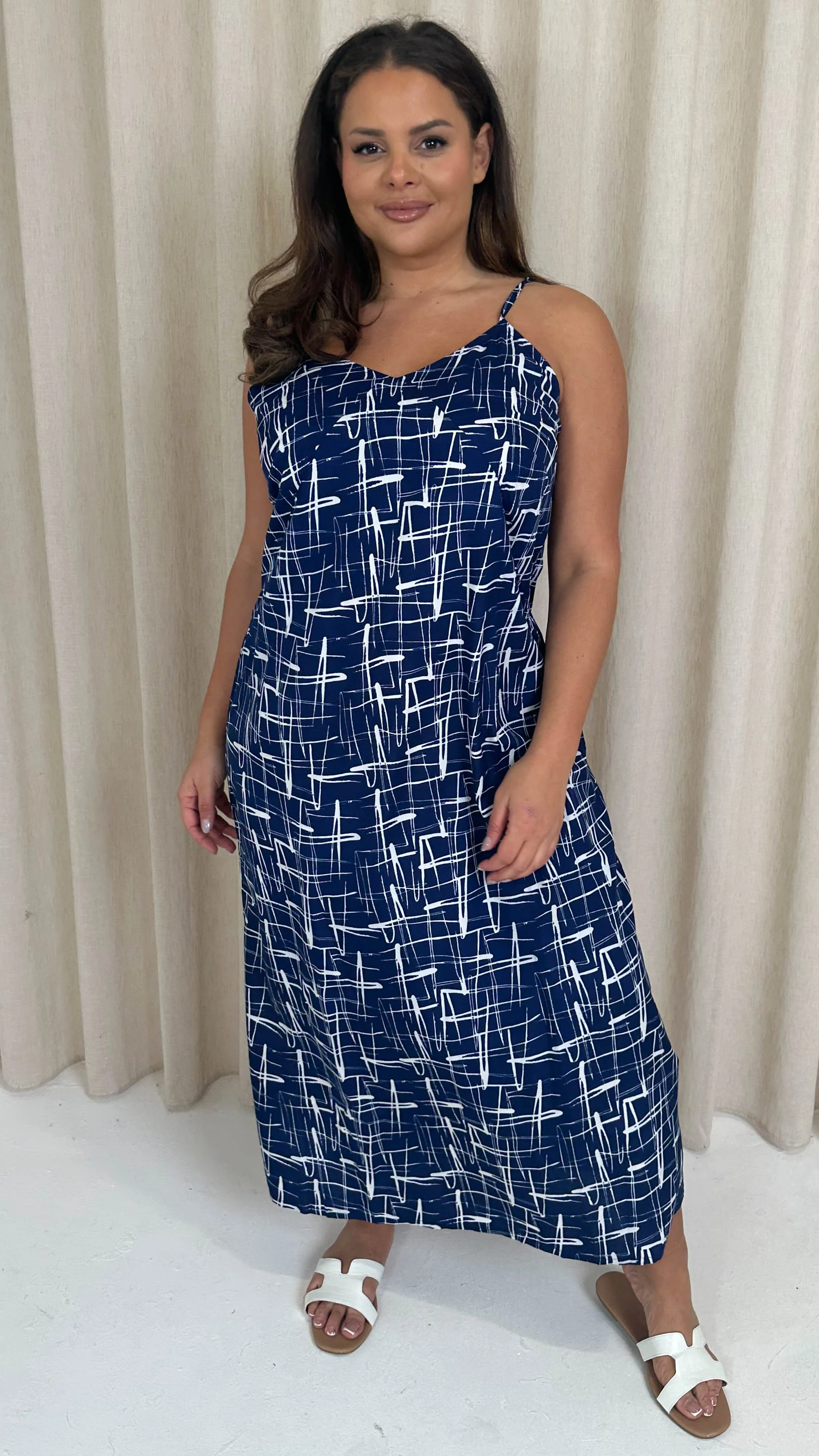 CurveWow Strappy Summer Tea Dress Blue/White Abstract - Image 4