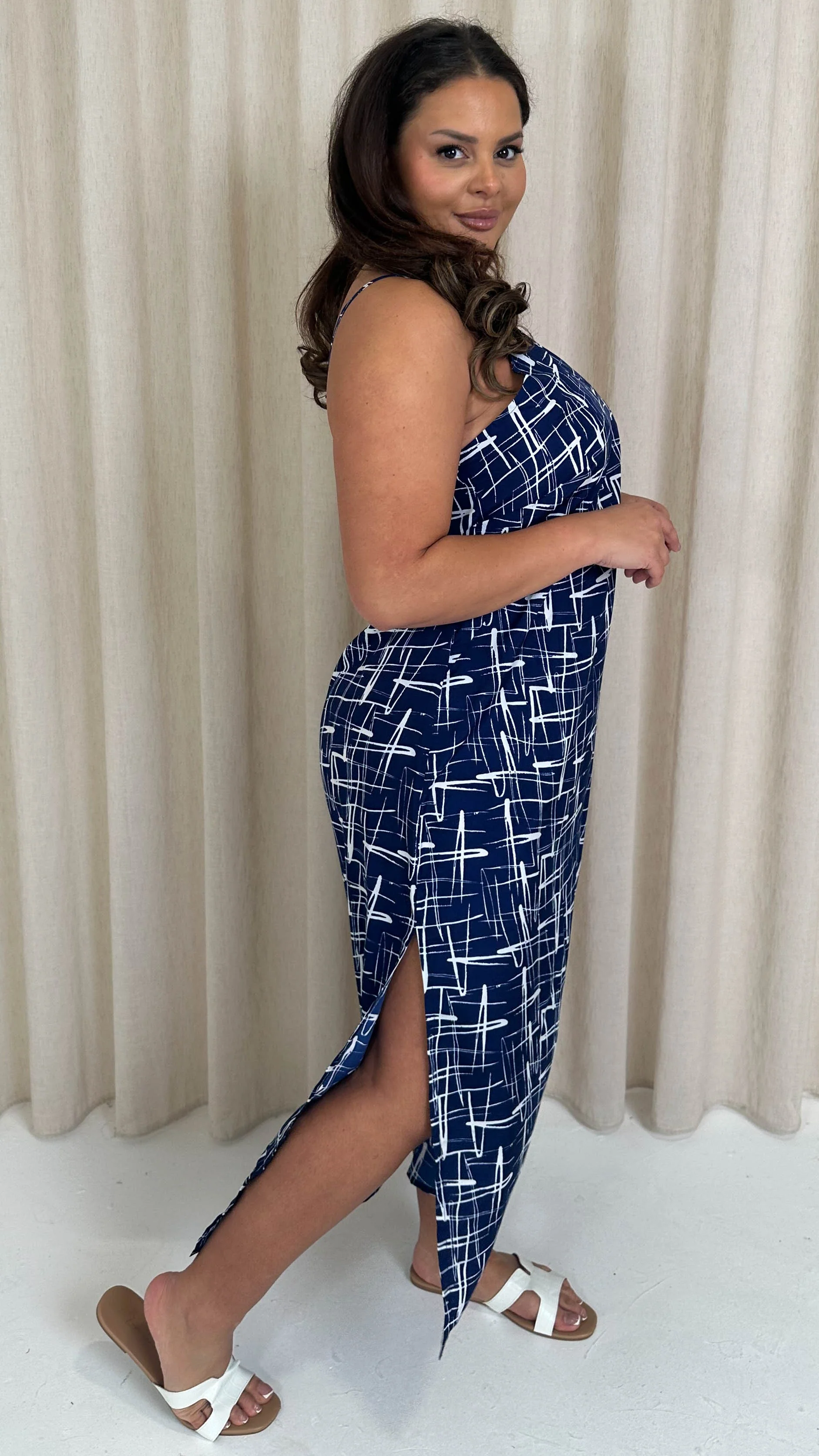 CurveWow Strappy Summer Tea Dress Blue/White Abstract - Image 5
