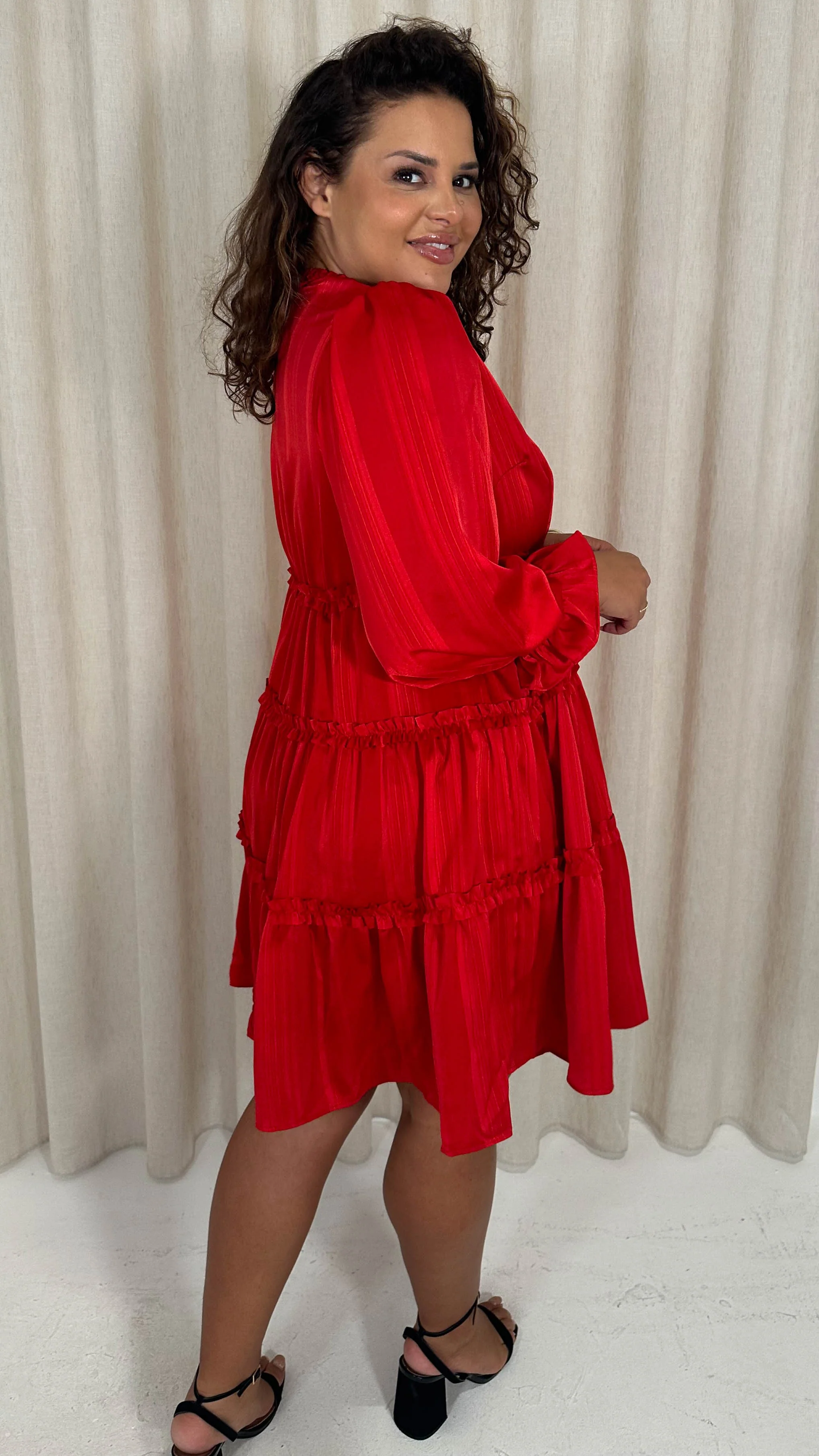 CurveWow Striped Satin Tiered Mini Dress Red - Image 6