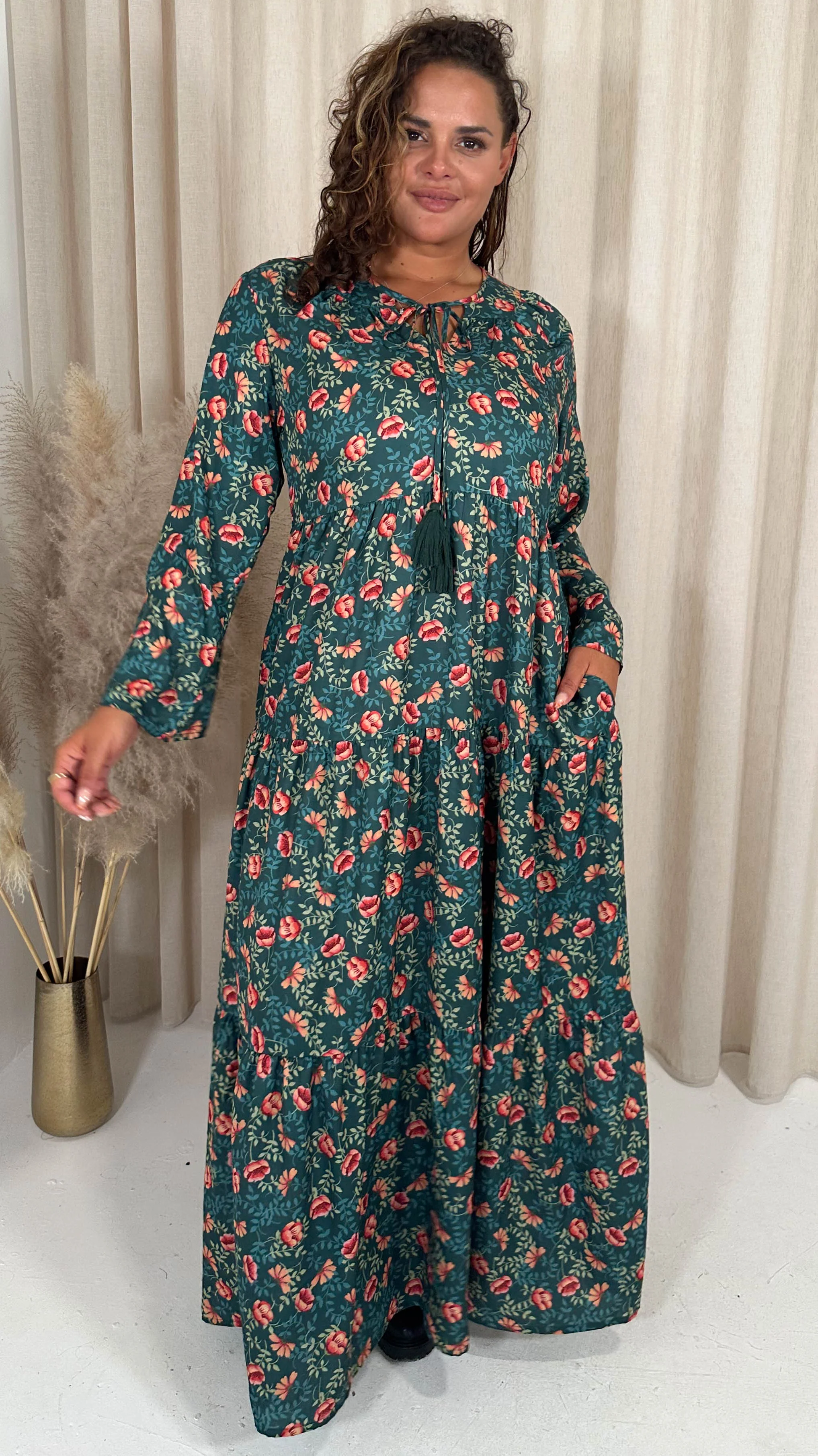 CurveWow Tassel Tiered Maxi Dress Green Floral - Image 5