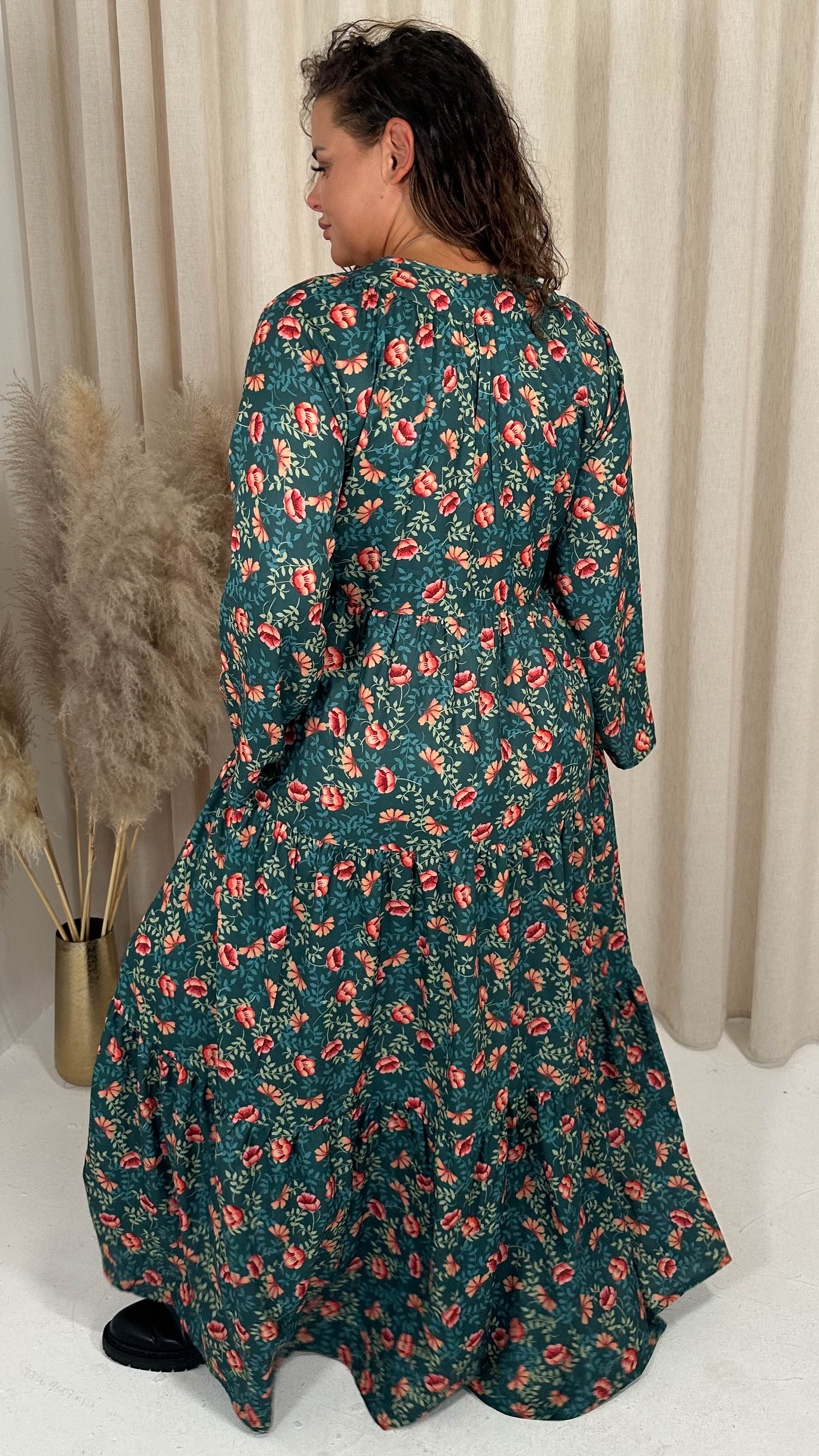 CurveWow Tassel Tiered Maxi Dress Green Floral - Image 6
