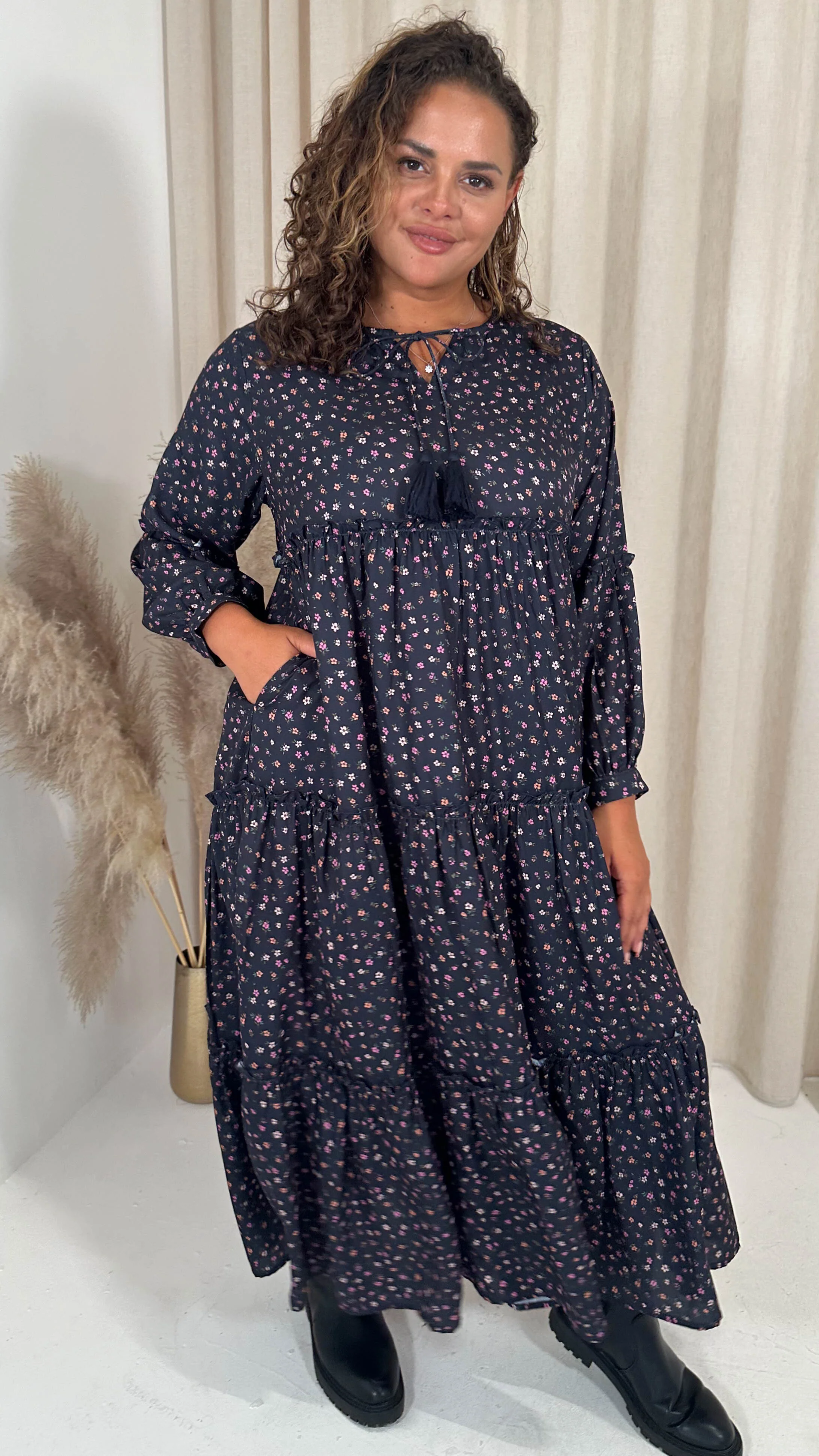 CurveWow Frill Tiered Maxi Dress Black Ditsy - Image 6