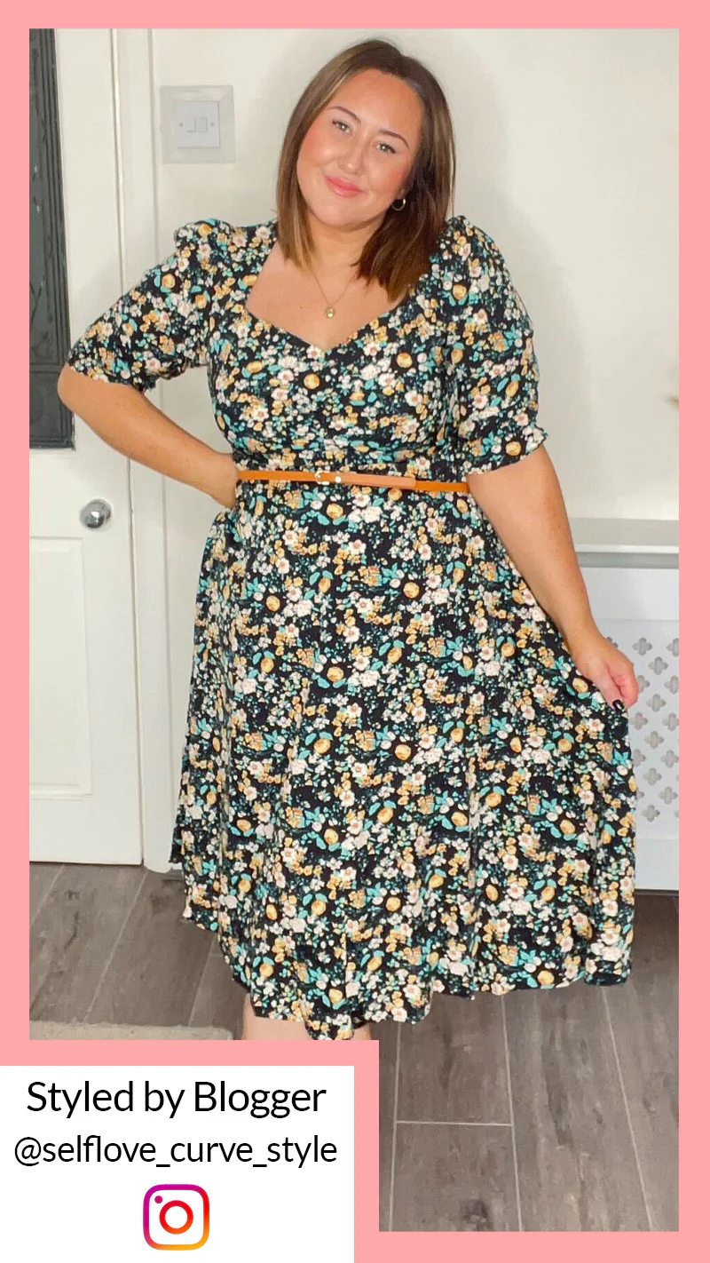 CurveWow Sweetheart Neck Midi Dress Gold Floral