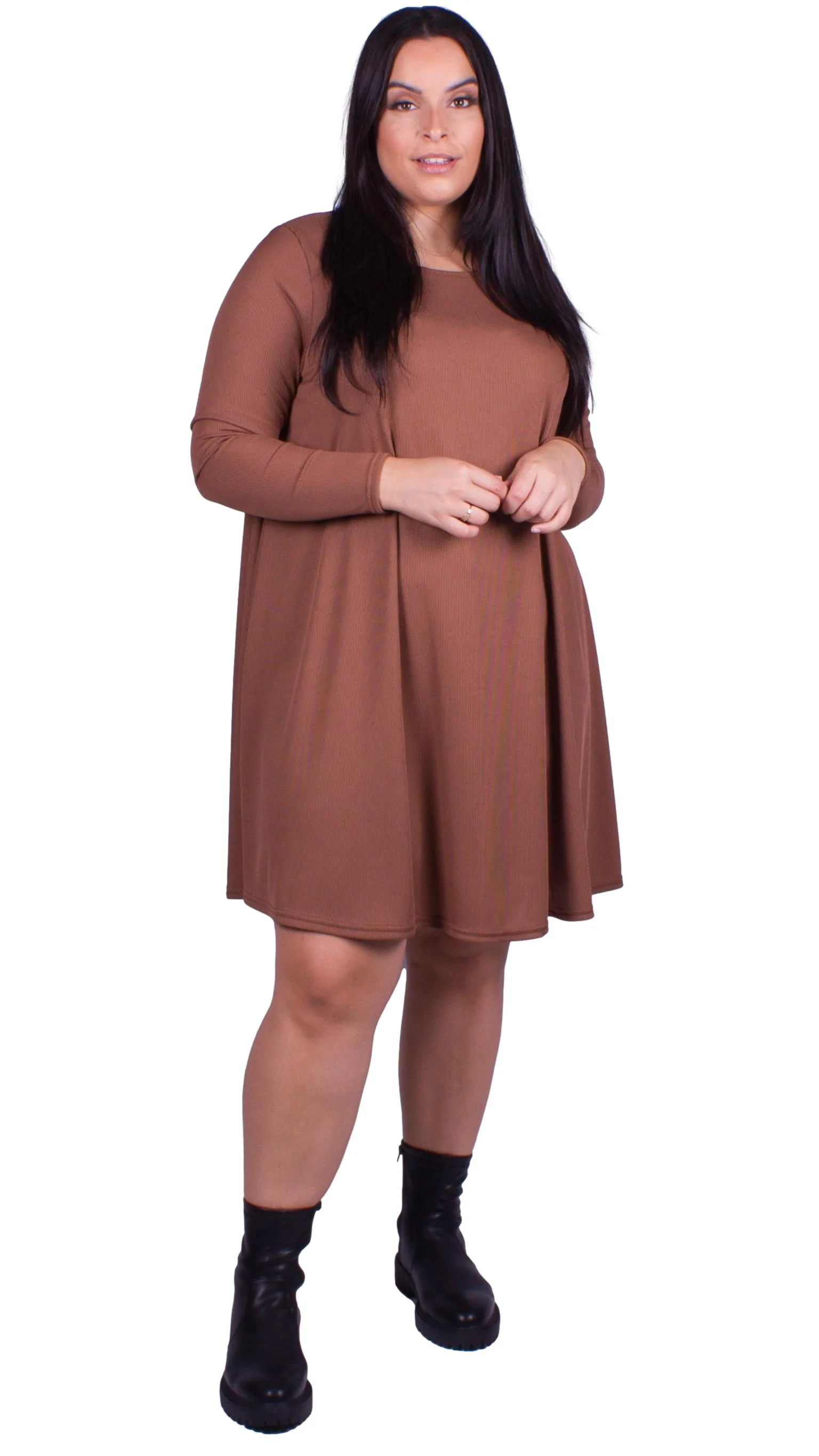 CurveWow Ribbed Swing Dress Brown - Image 4
