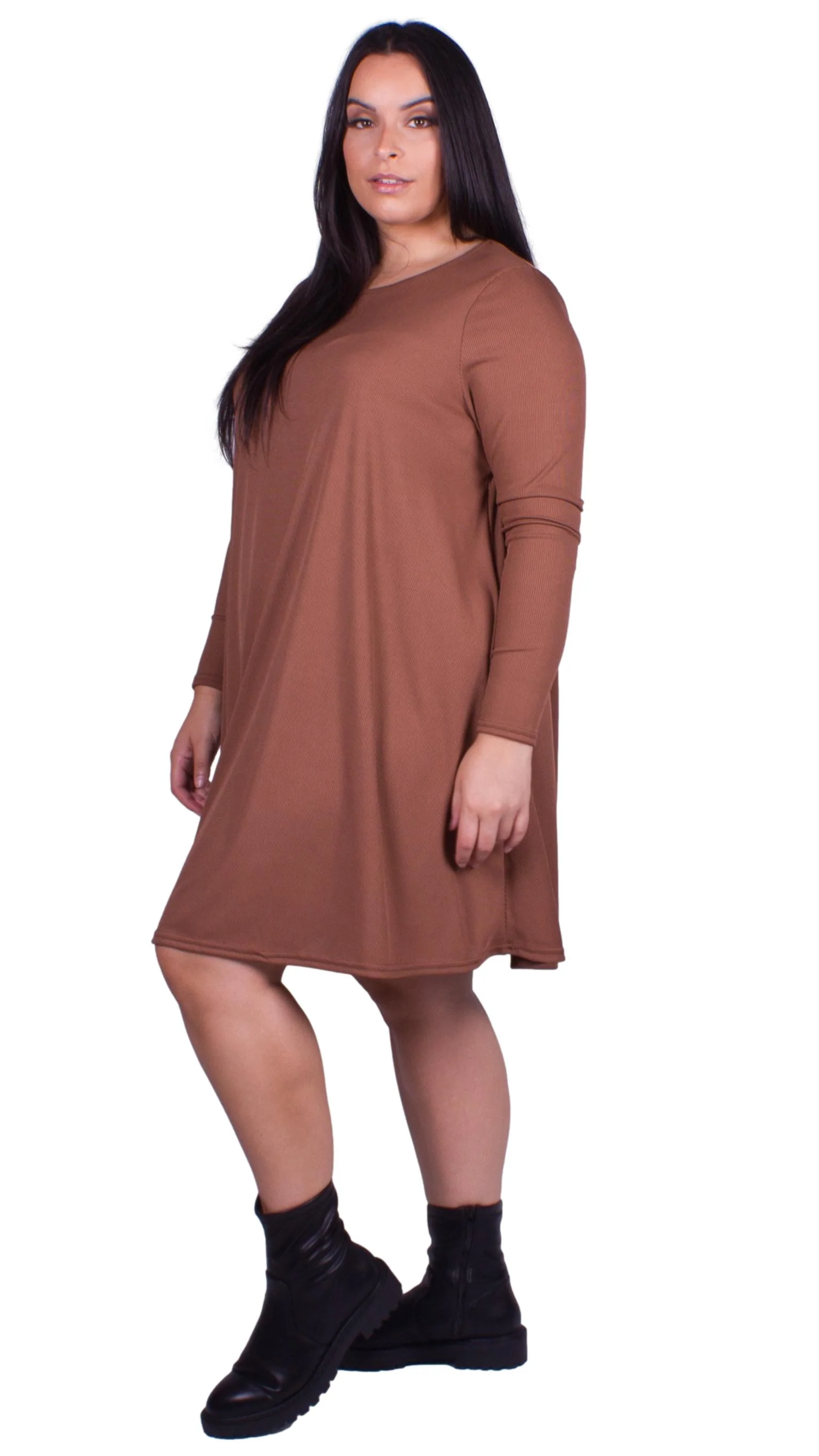 CurveWow Ribbed Swing Dress Brown - Image 5