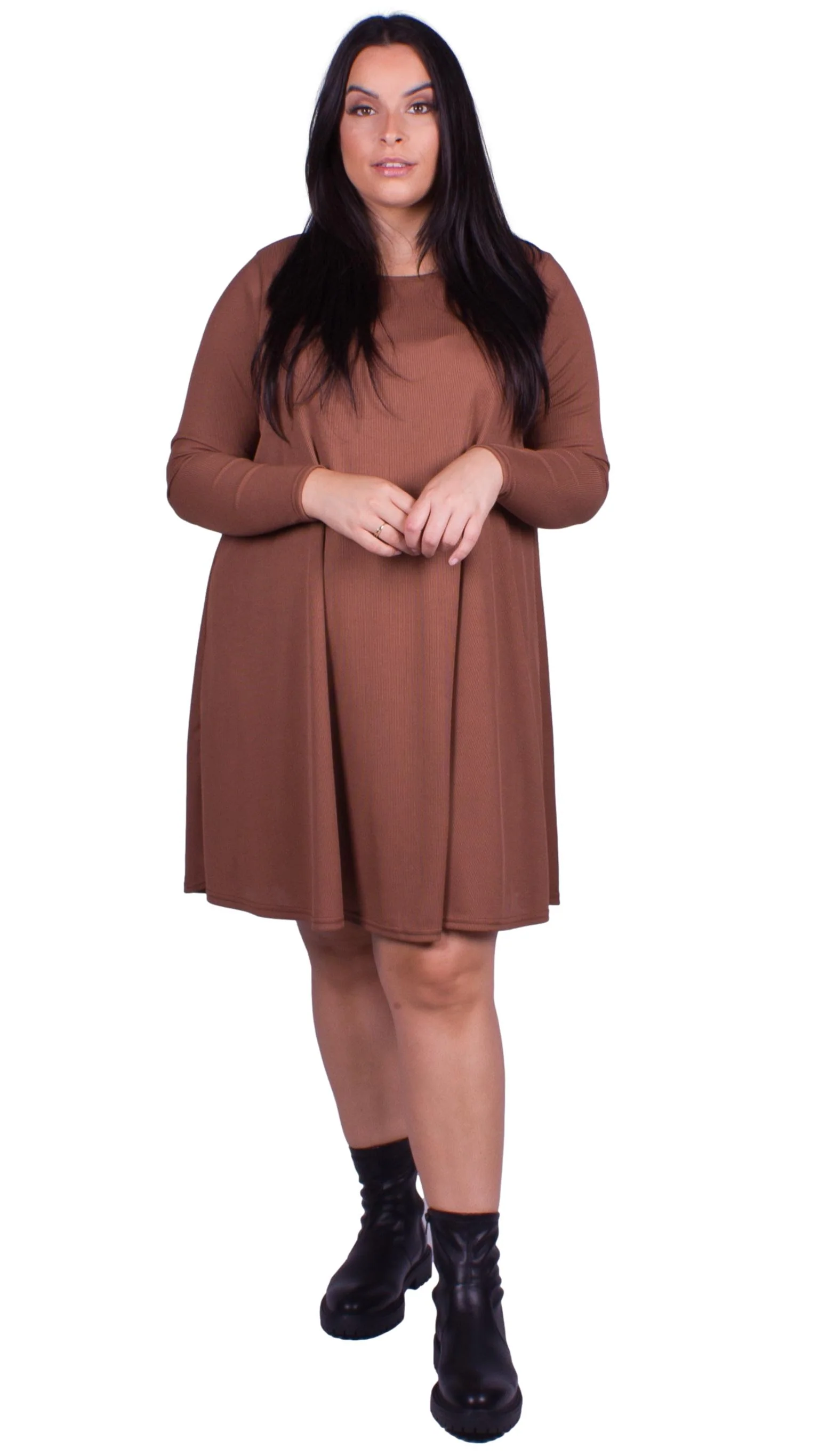 CurveWow Ribbed Swing Dress Brown - Image 6