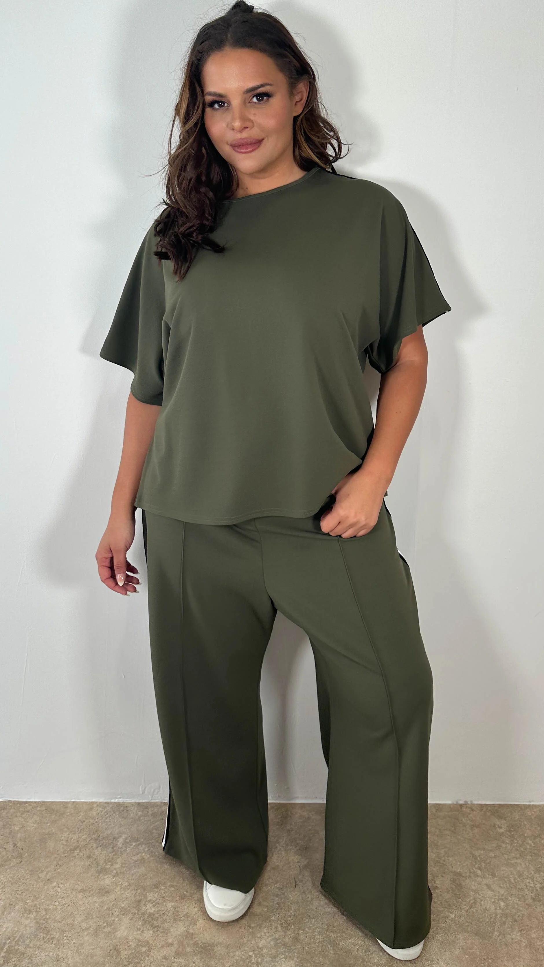 CurveWow Tape Shoulder Boxy Top Co-Ord Khaki - Image 2