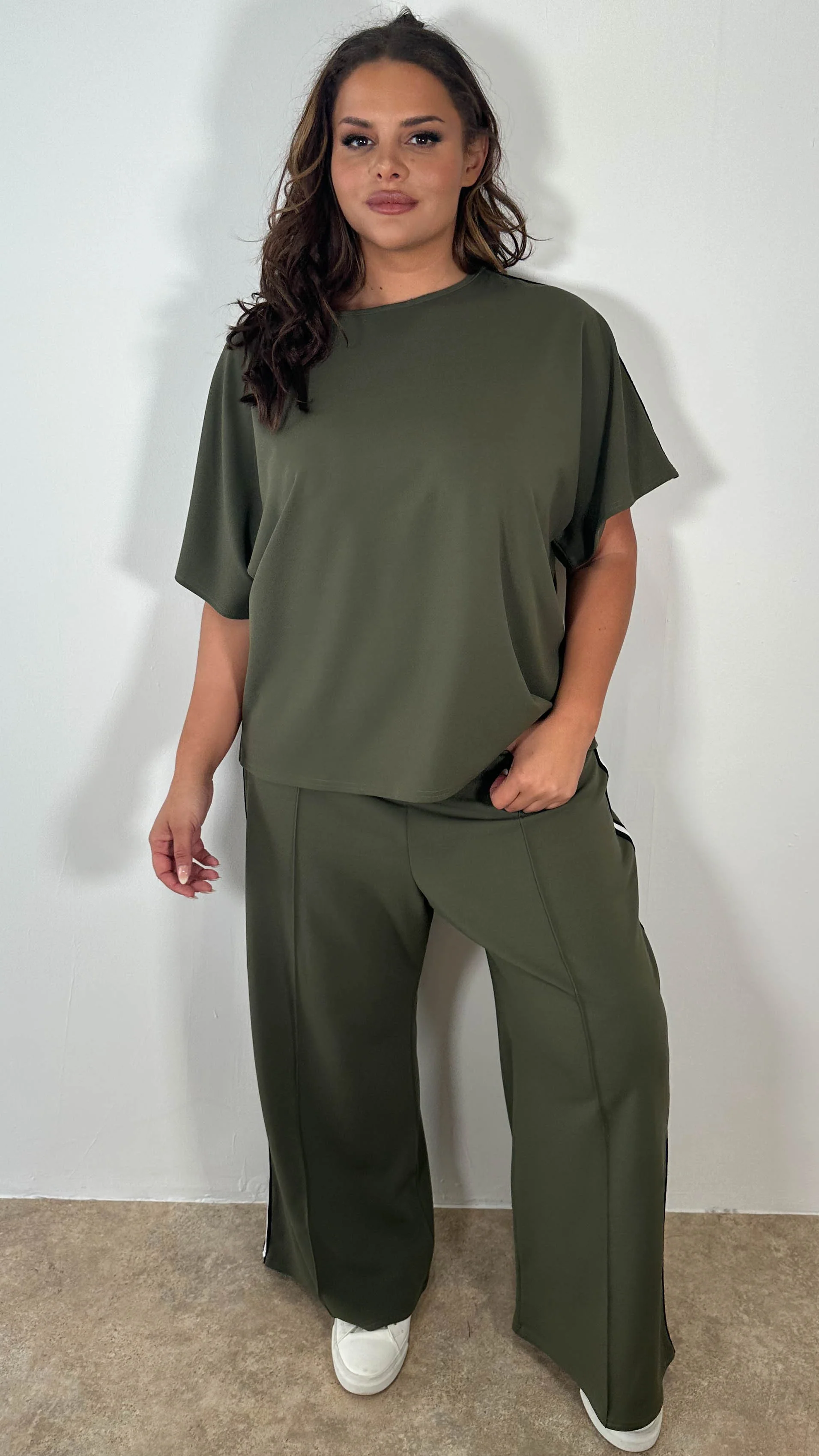 CurveWow Tape Shoulder Boxy Top Co-Ord Khaki - Image 4