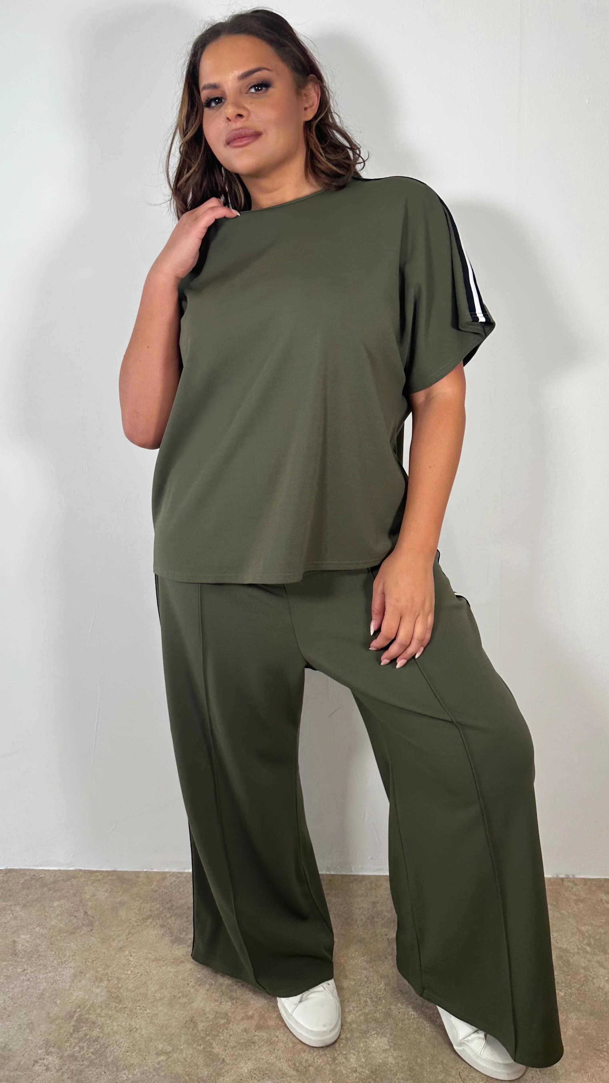 CurveWow Tape Shoulder Boxy Top Co-Ord Khaki - Image 5