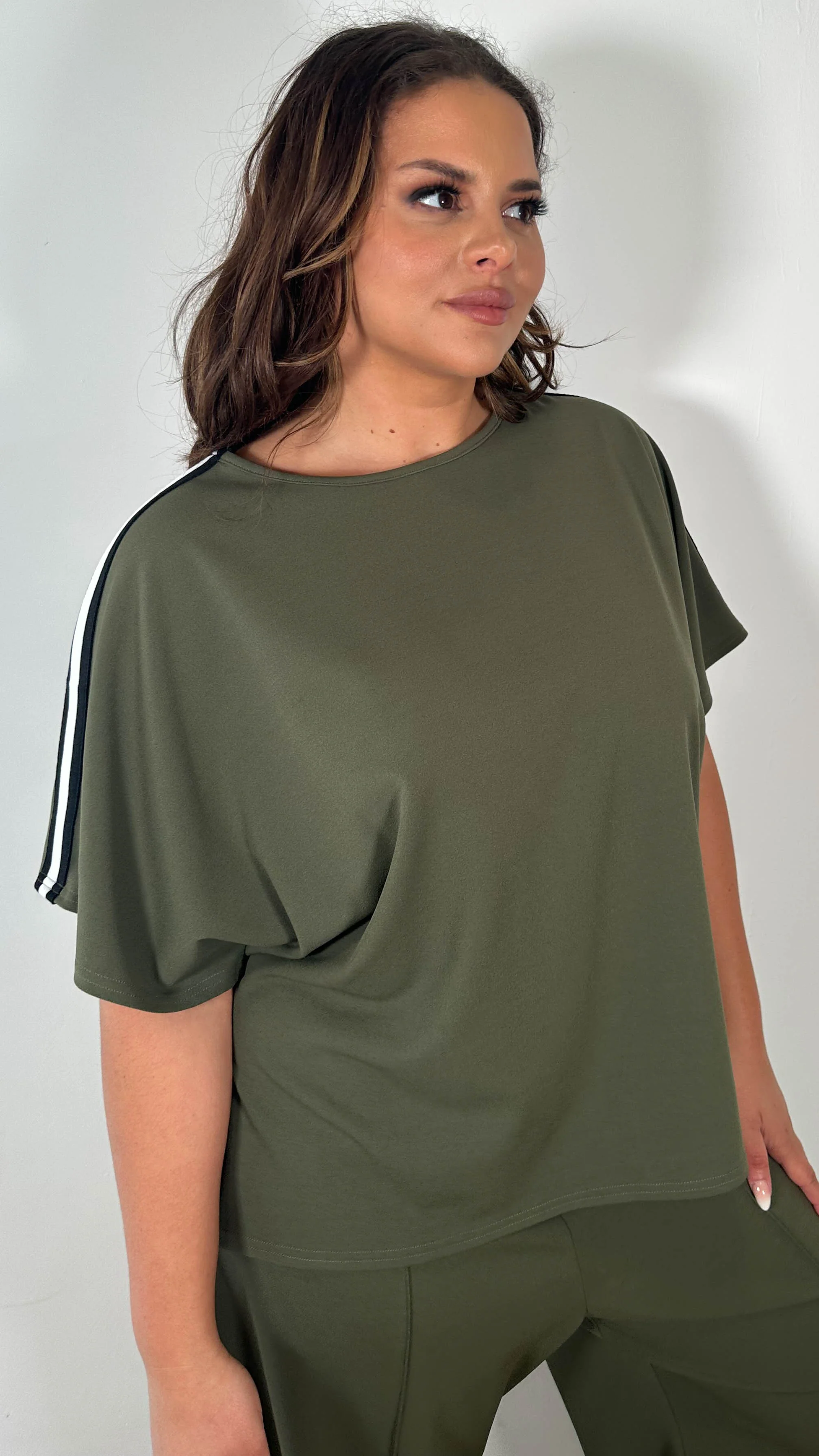 CurveWow Tape Shoulder Boxy Top Co-Ord Khaki - Image 7