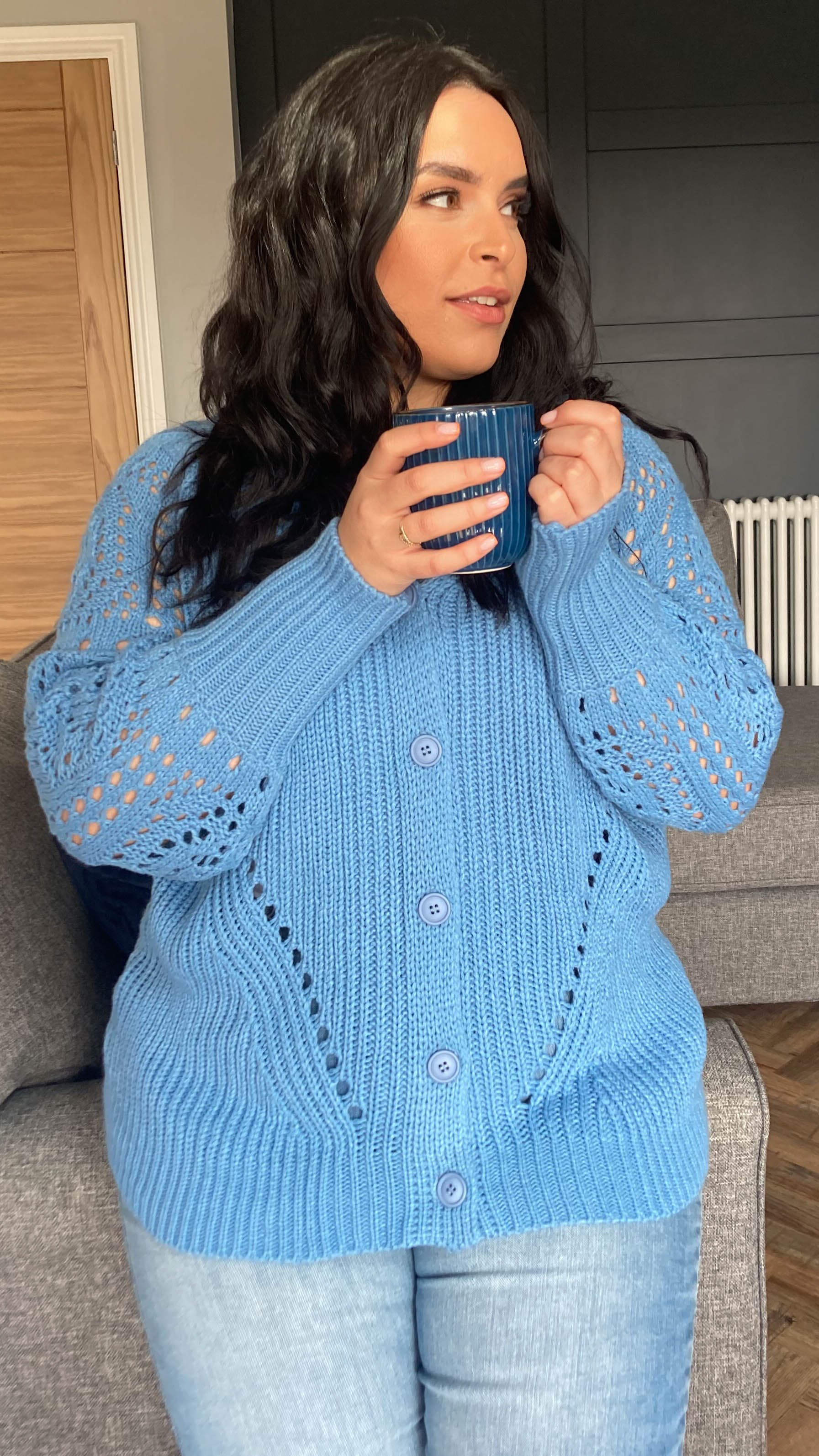 CurveWow Tape Yarn Cardigan Dusky Blue - Image 3
