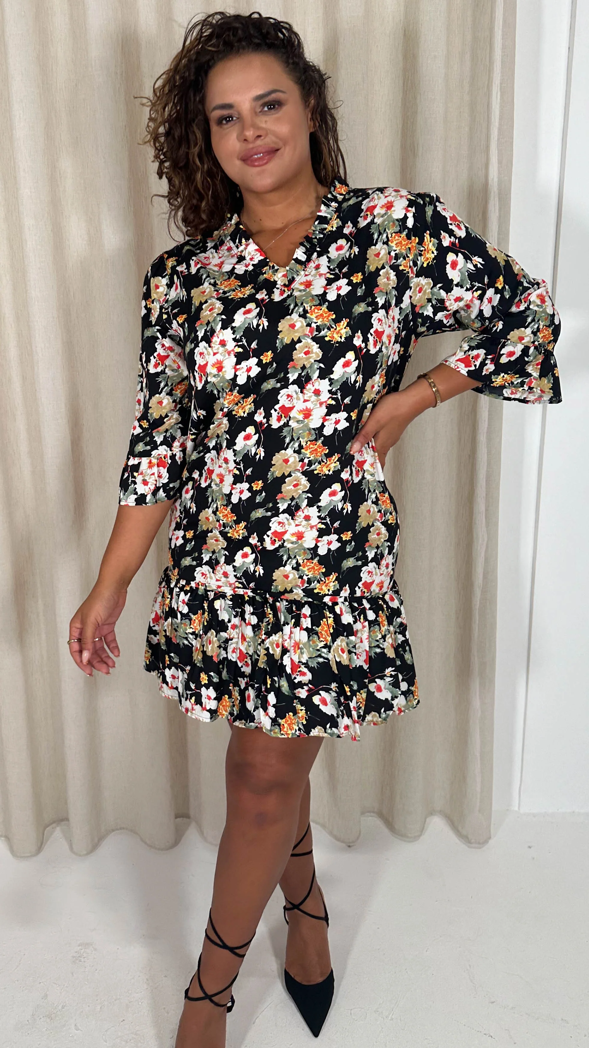 CurveWow Ruffle V Neck Smock Dress Black/Red Floral - Image 5