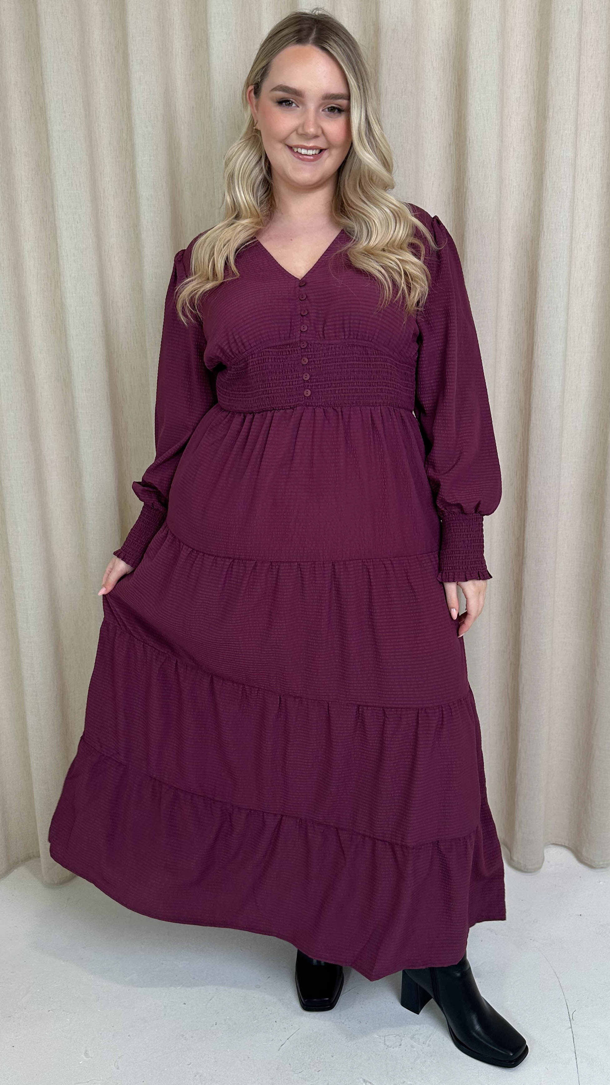 CurveWow Textured Button Front Shirred Waist Maxi Dress Plum - Image 7