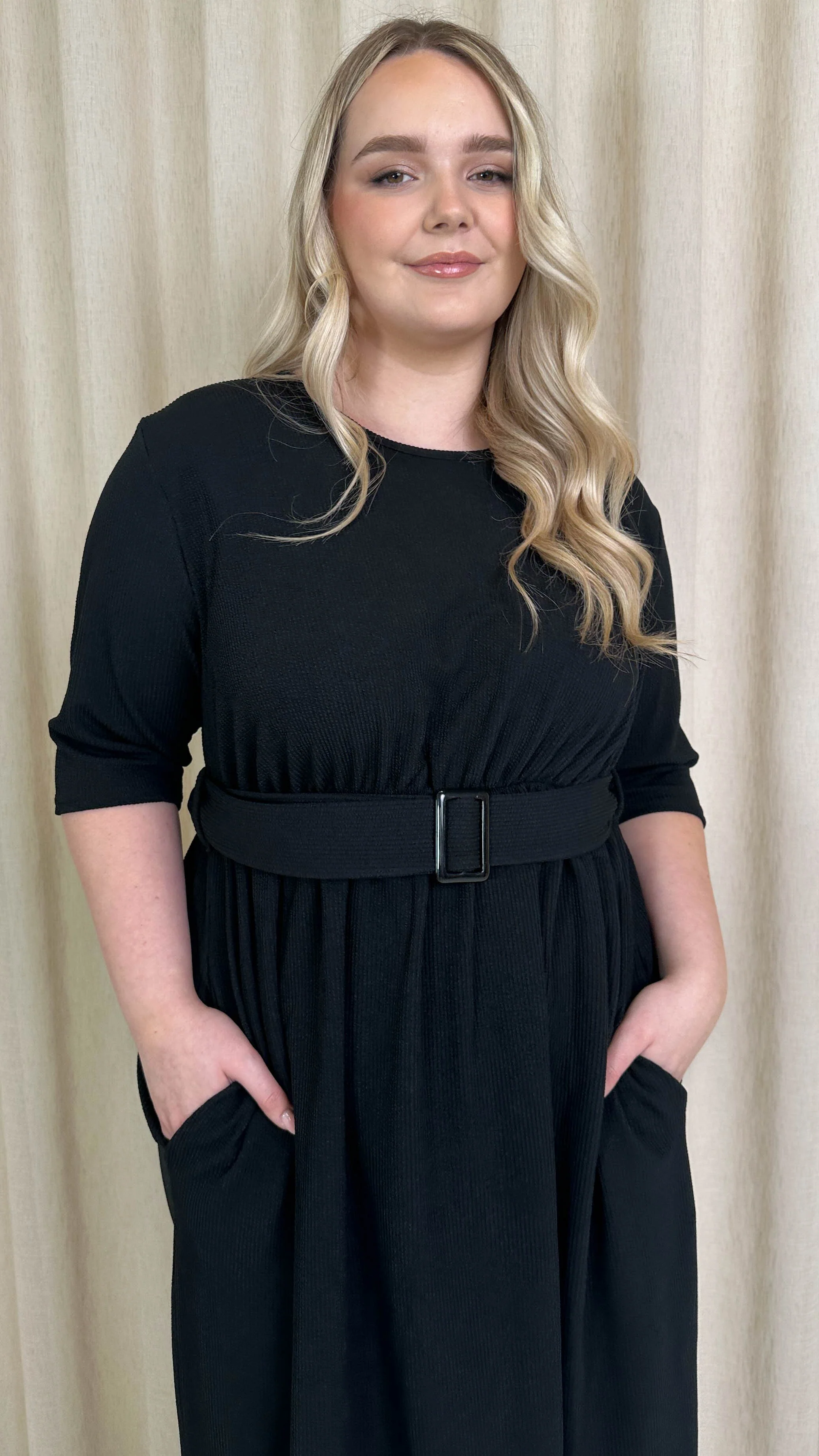 CurveWow Textured Belted Pocket Midi Dress Black - Image 2