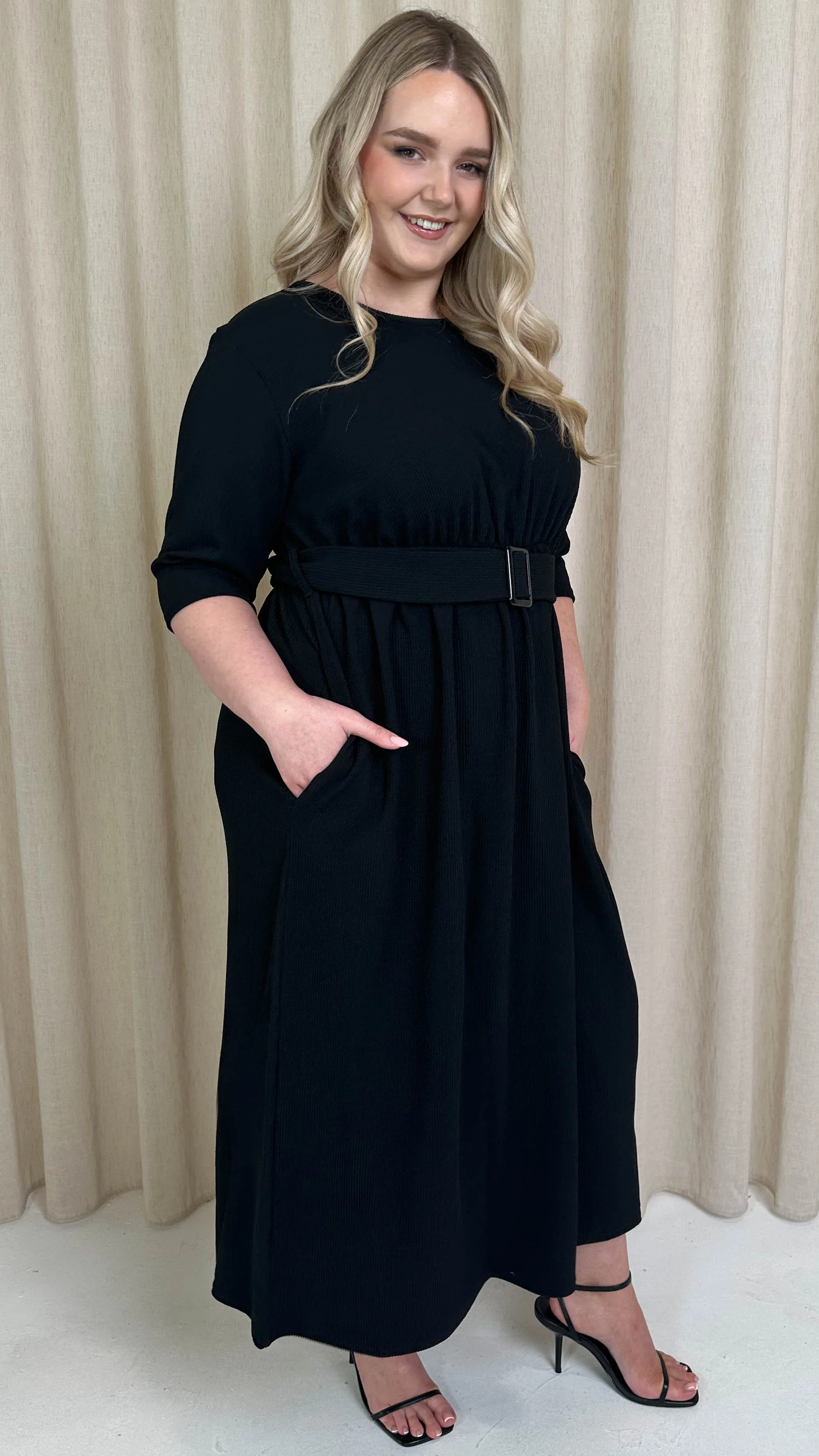 CurveWow Textured Belted Pocket Midi Dress Black - Image 5