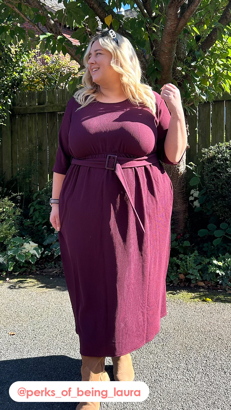 CurveWow Textured Elbow Sleeve Belted Pocket Midi Dress Wine - Image 2