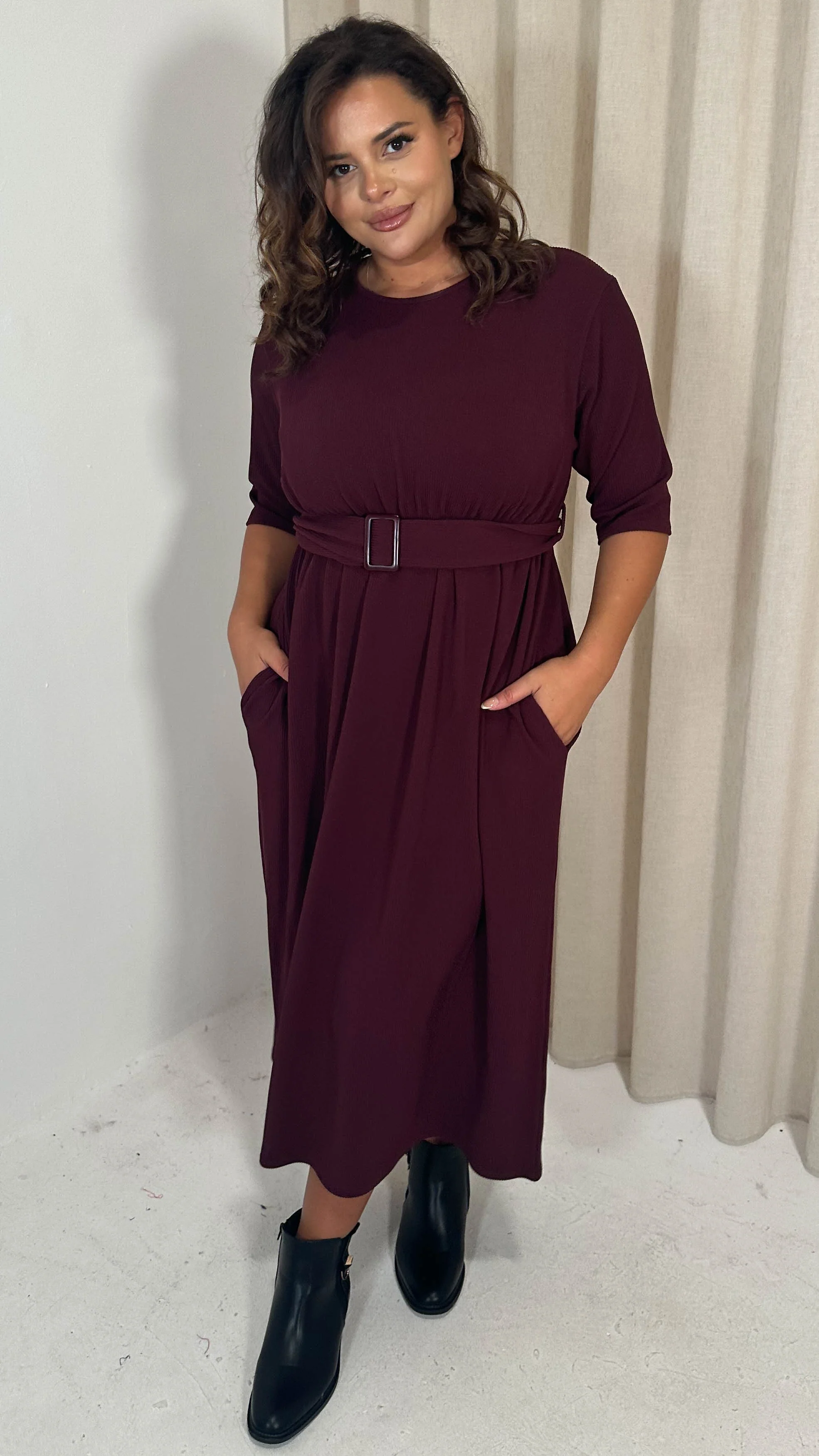 CurveWow Textured Elbow Sleeve Belted Pocket Midi Dress Wine - Image 8